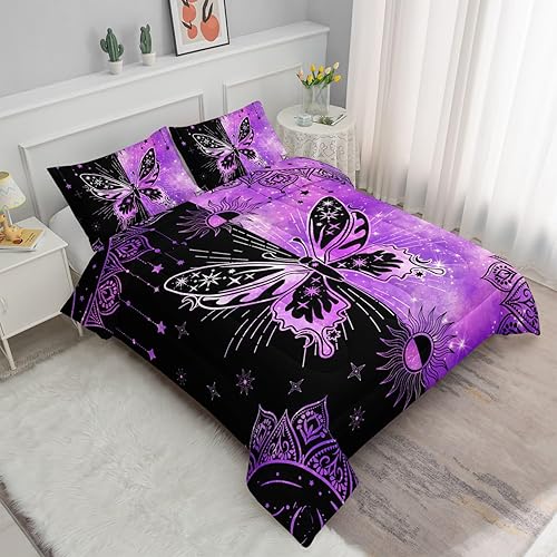 Miniatura 2 de Juego de edredón de mariposa negro y morado para niñas y mujeres, juego de ropa de cama bohemio con estampado de mandala de mariposa, sol y luna con