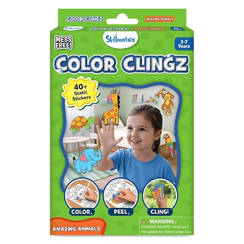 Skillmatics Cling Art – Color Clingz Animals, 40+ Reusable Static Stickers, Mess-Free Fun for Kids, DIY Craft Kits & Supplies, Travel Toys, Creative Gifts for Boys and Girls Ages 3, 4, 5, 6, 7