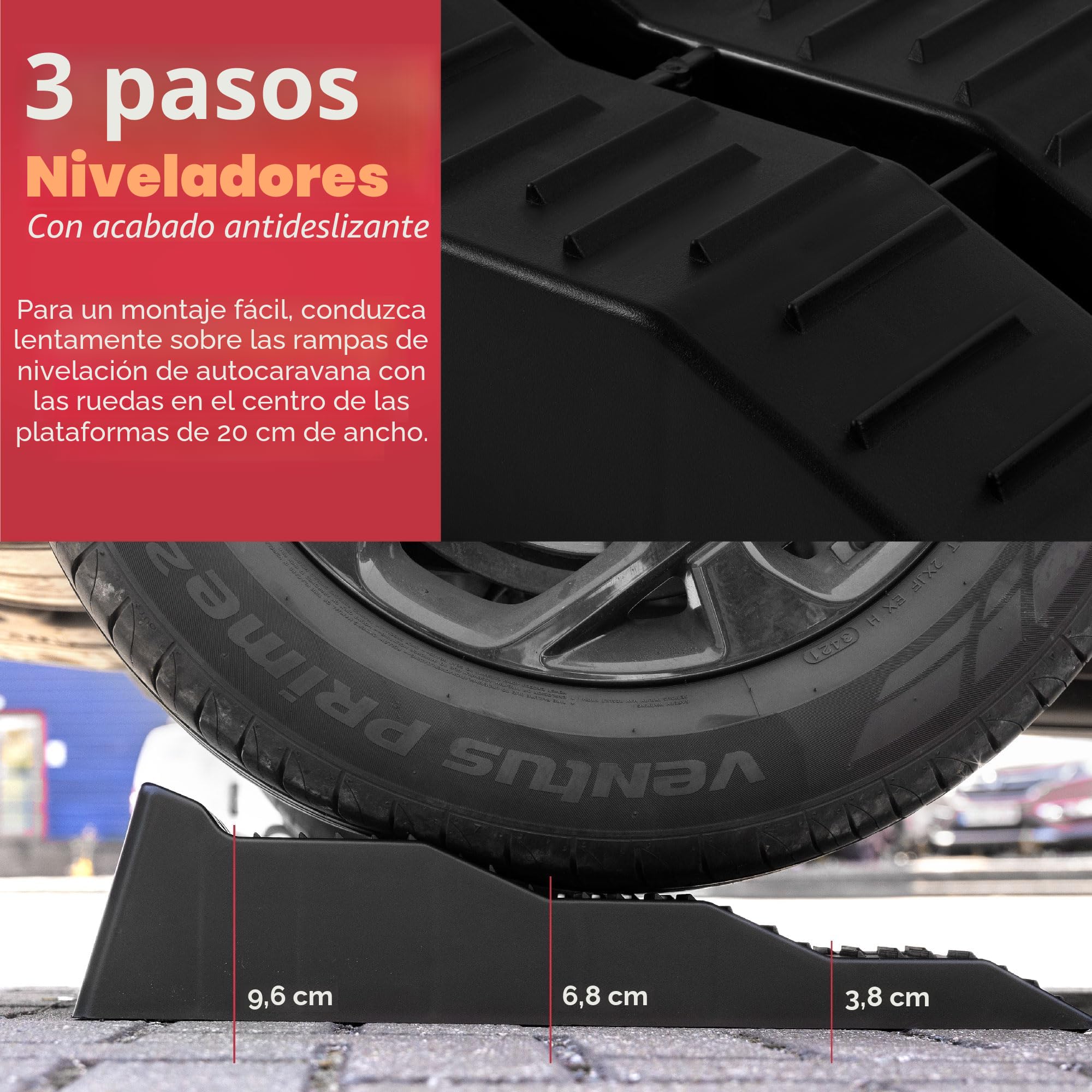 GADLANE Cuñas Niveladoras Autocaravana - 2 PCS Calzos Autocaravana de Alta Resistencia con Ranuras Antideslizantes - para Caravana, Furgonetas Camper y Remolques (Capacidad: 4,5 Toneladas) - Negro