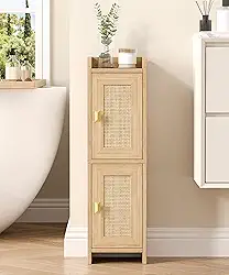 Armário de banheiro pequeno de vime com 2 portas, armário estreito de armazenamento de papel higiênico, organizador de banheiro para espaços pequenos, unidade de piso de canto fino de madeira