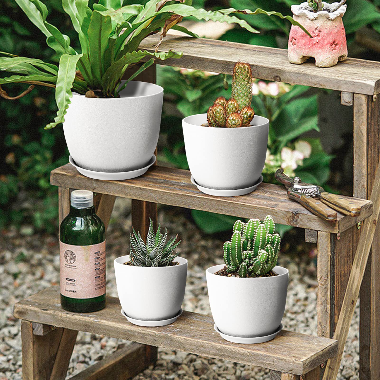 FIASON White Plant Pots 8/9/10 inch, Plastic Plant Pots with Drainage Holes and Saucers, A Set of 3 Planters, Simple, Beautiful, Durable and Easy to Match Decorative Style