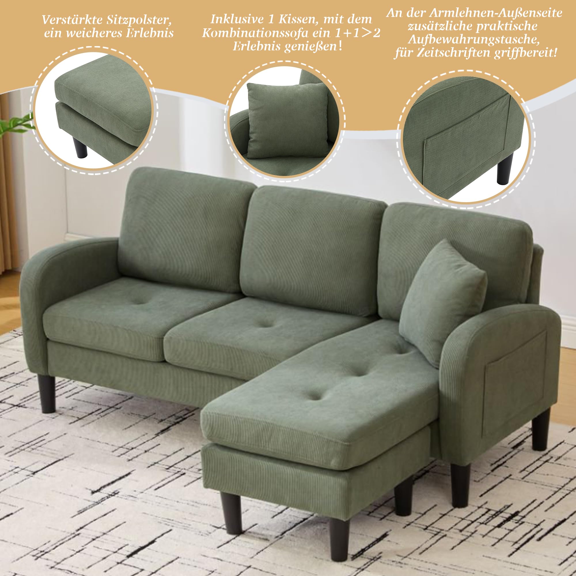 Merax L-förmiges Ecksofa 166x118x77 cm, 3-Sitzer Sofa mit Chaiselongue, Modulares Wohnzimmer-Sofa aus atmungsaktivem Cordstoff, Komfortables Apartment- und Bürosofa, Grün