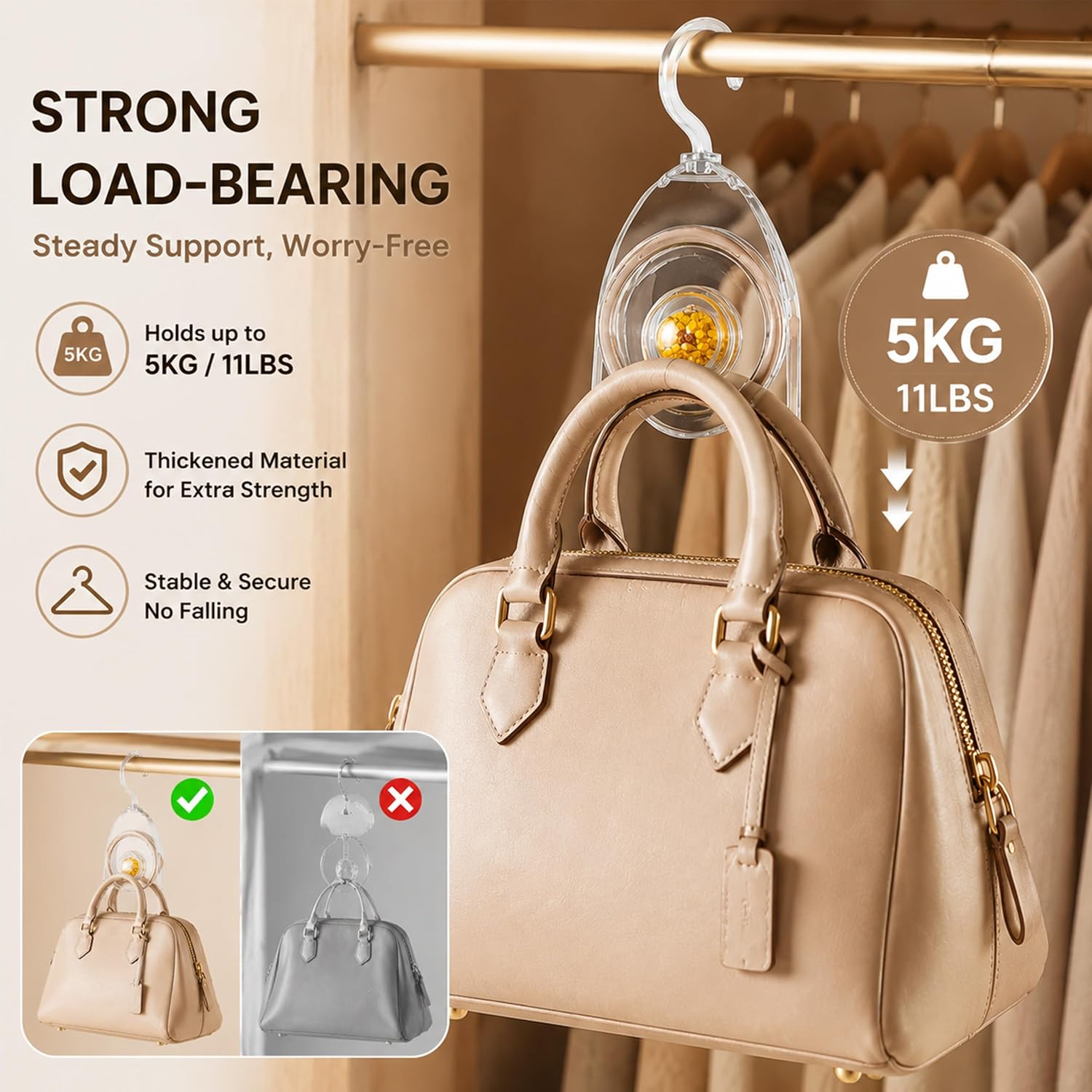 3 Pack Acrylic Purse Hooks for Closet, Full Ring