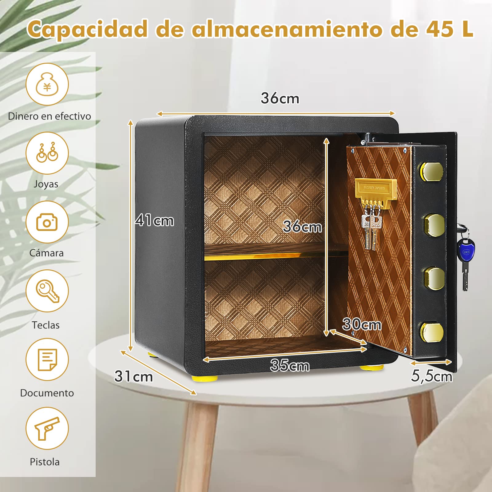 COSTWAY Caja Fuerte con Teclado Digital, Cerradura Integrada y Llaves Dobles de Seguridad, Estante Extraíble para Hogar, Oficina, Hotel (38L)