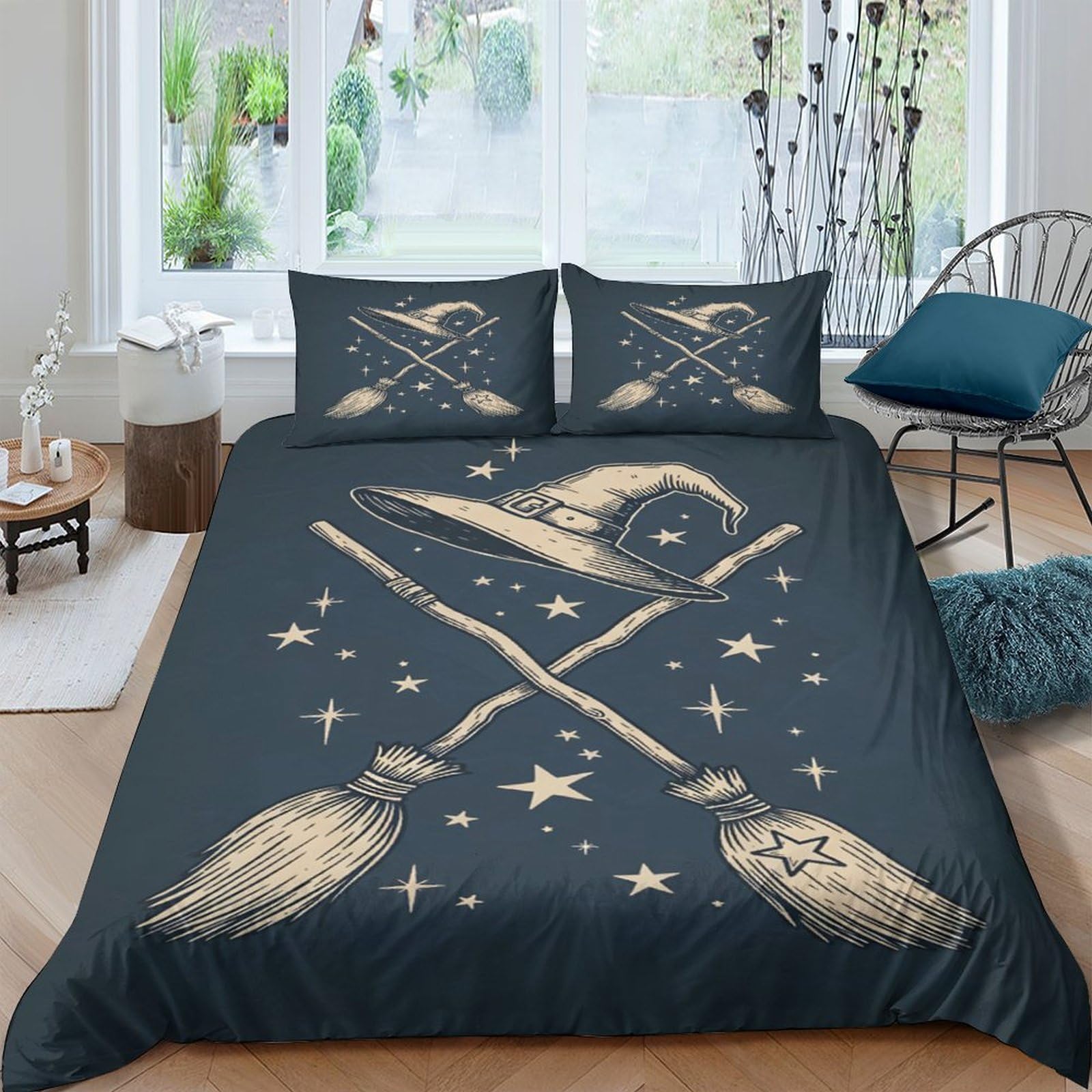 Ctjqhvkz Style-7 3D Printed Wizard Hat Fitted Sheet Microfiber Soft Magical Broom Bed Cover Bedroom Decor Anti-Dust Machine Washable Single（135X200cm）