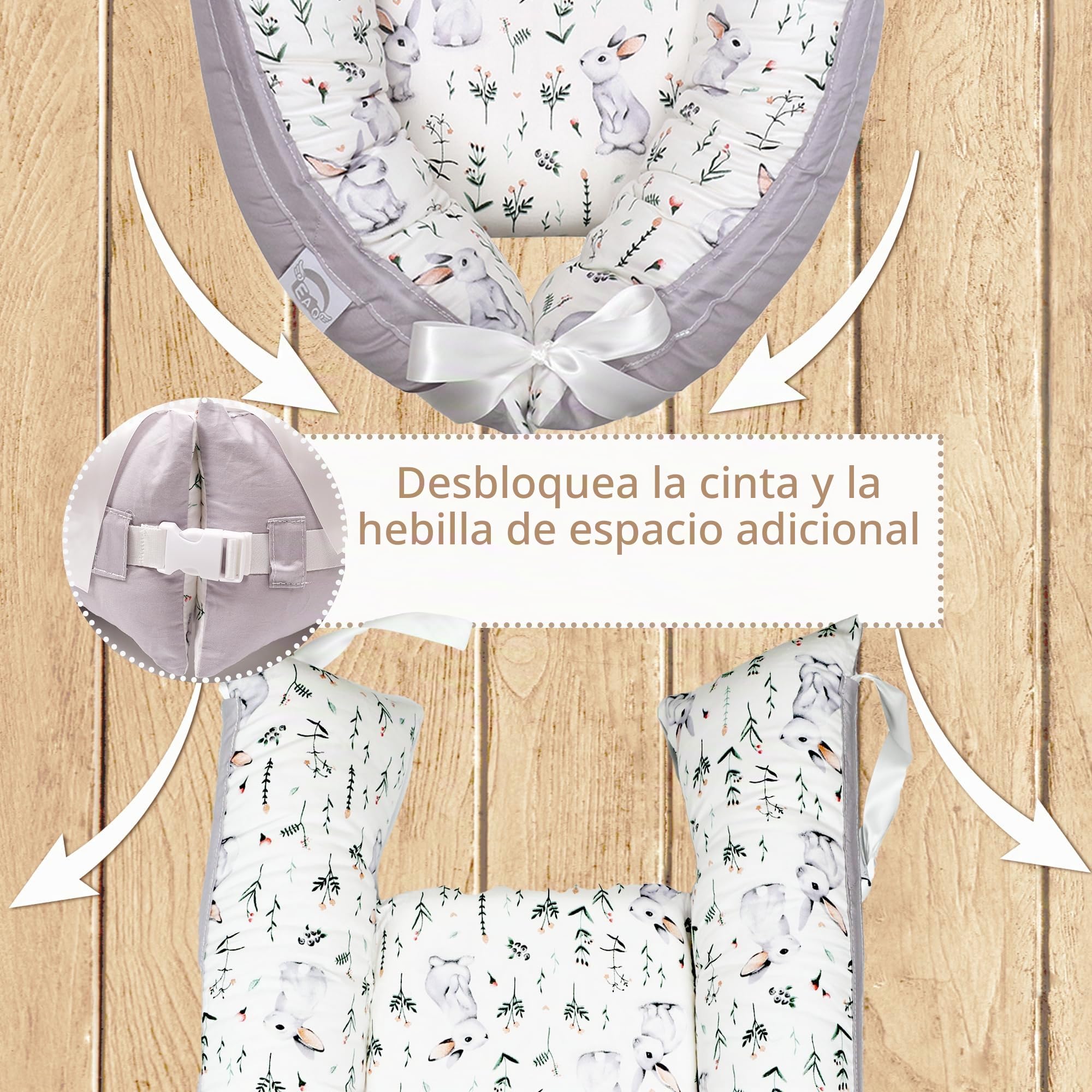 EAQ Nido Bebé Recién Nacido 90 x 50 cm Algodón 100%, Reductor de Cuna Nidos para Recién Nacidos y Bebés, Cuna Cama de Viaje Portátil, Funda Removible y Lavable (conejito)