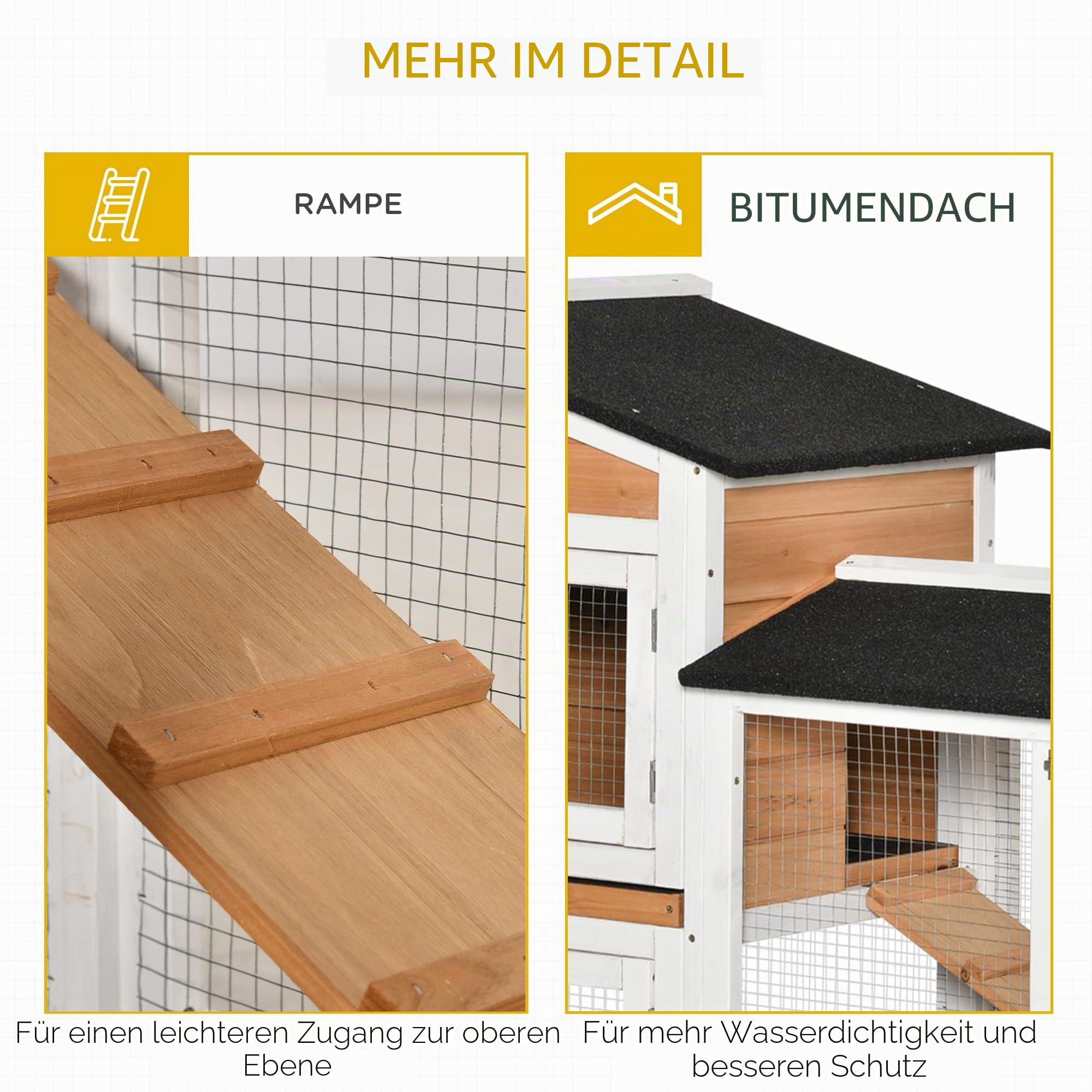 PawHut Kaninchenstall aus Holz für Kaninchen, Kleingehege, Tiere, Villa, für Kaninchen, auf Rollen, 2 Etagen, 3 verschiebbare Ablagen, 157,4 x 53 x 99,5 cm, Gelb
