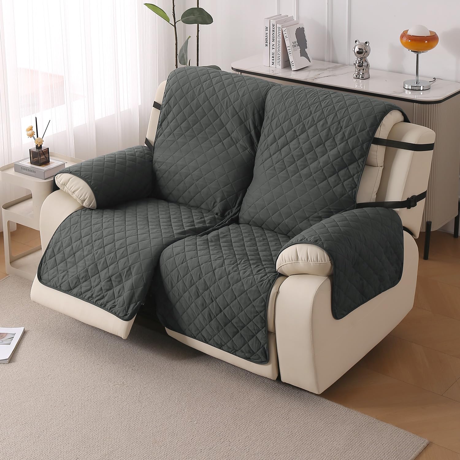 HOKIPO 'UrbanQuilt' Recliner Sofa Cover Mat for 2 Seater | Quilted Polyester 1-Piece Design with SecureFit Dual Belt, Anchor Grey (NEW-AR-6070-M5)-image-3