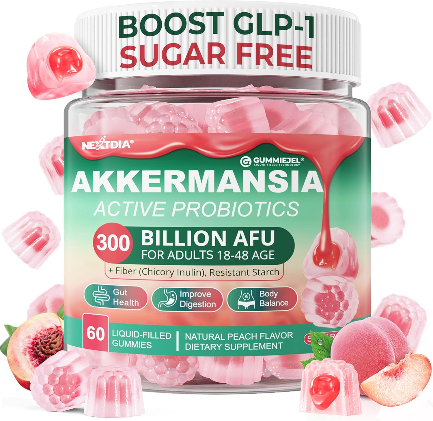 Akkermansia Probiotics Gummies with Prebiotics Fiber, 300 Billion AFU Akkermansia Muciniphila, with Polyphenol Fruits, Resistant Starch, Vitamin A D3 B2 for Metabolism, Digestive & Gut Health, 1Pack