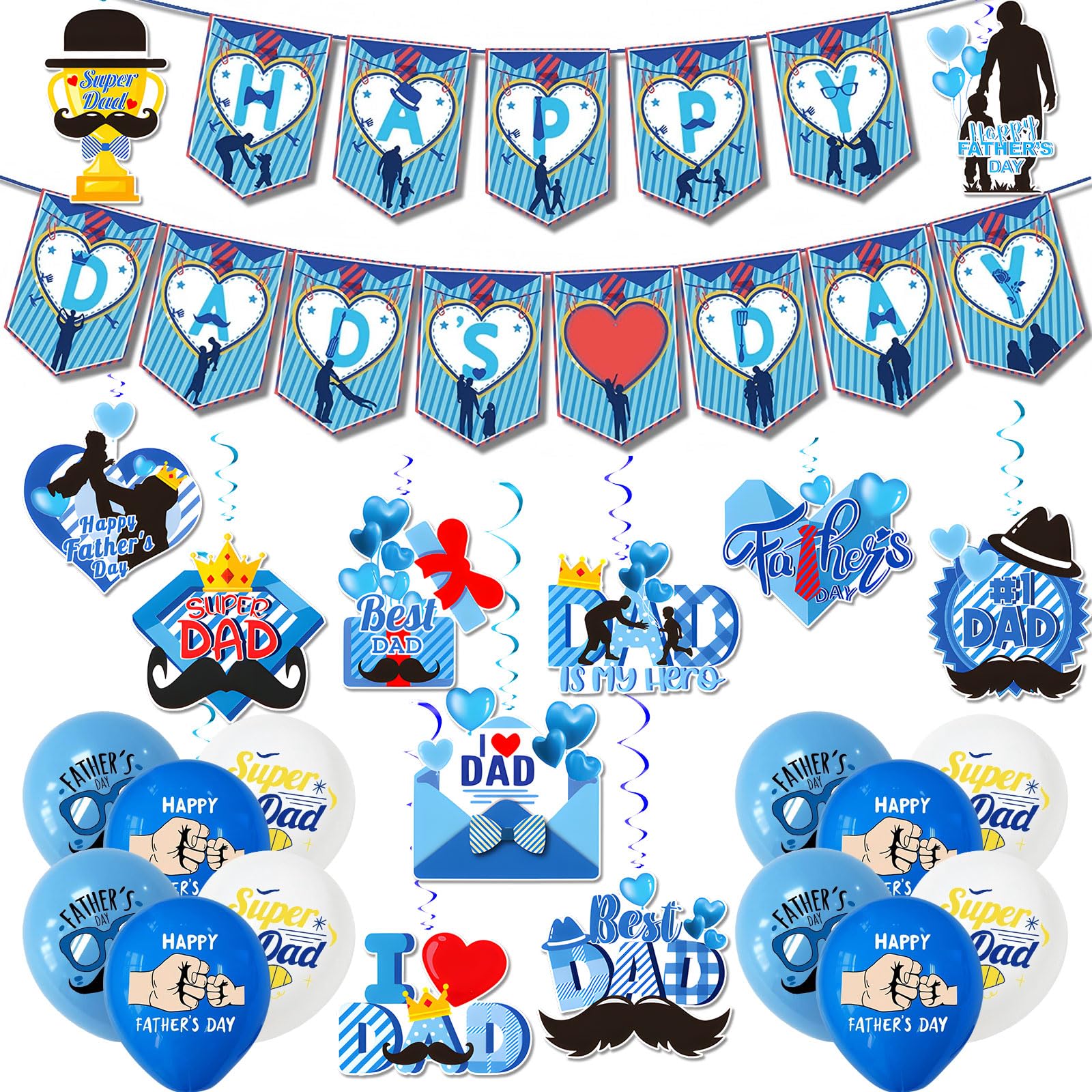 Fathers Day Decorations Set, Happy Dads Day Banner, Best Dad Hanging Swirl Streamers, Super Dad Latex Balloons, Father's Day Party Supplies, Photo Backdrop, Indoor Decor Surprise and Gifts for Dad
