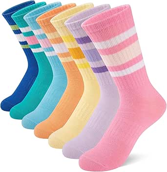 Amazon.com: Comfoex Girls Crew Socks Kids Athletic Calf Socks 7 Pairs ...