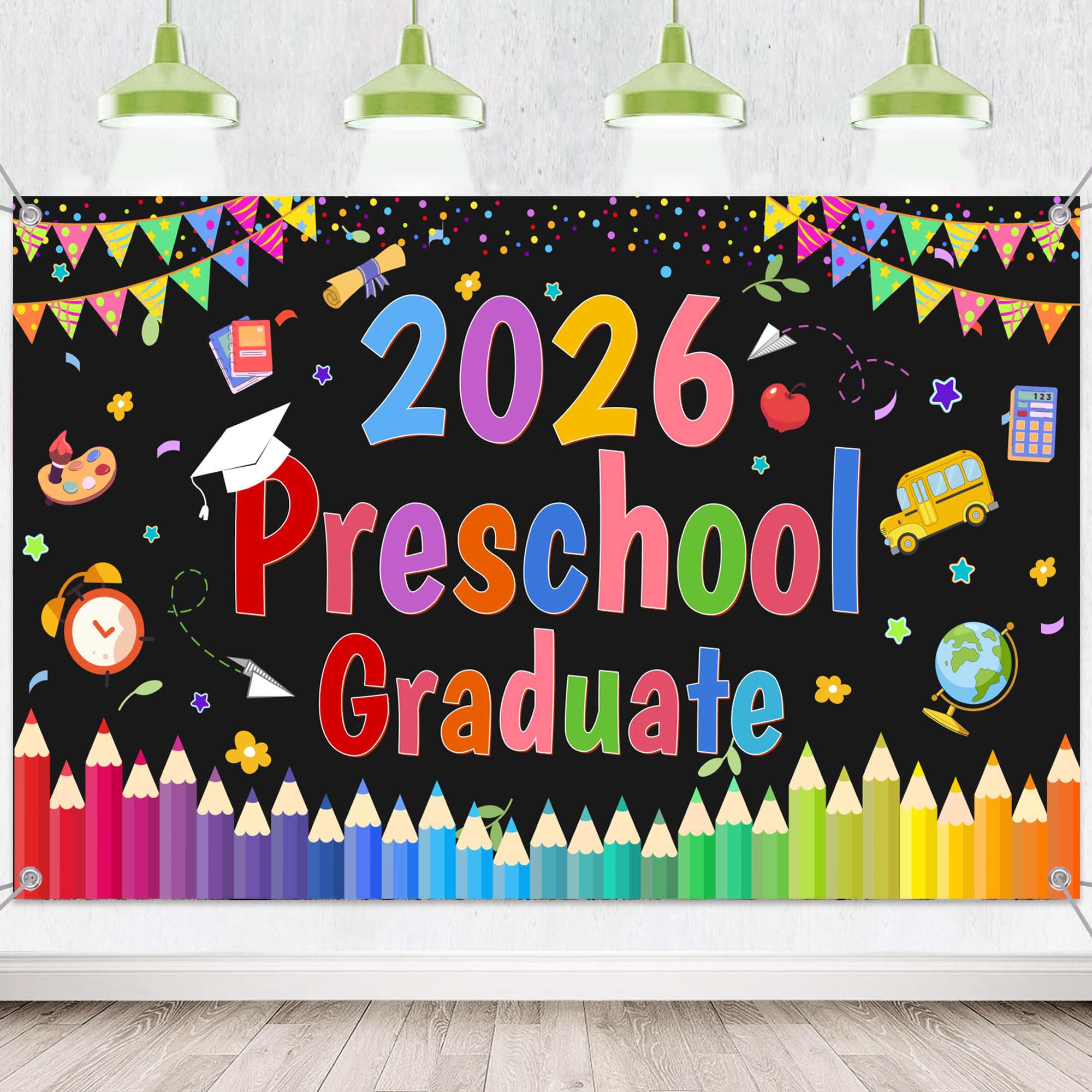 Preschool Graduation Banner Decorations 2026 - Kindergarten Graduation Backdrop for Class of 2026, Black Multicolor Congrats Grad Party Photo Background 180 x 110 cm