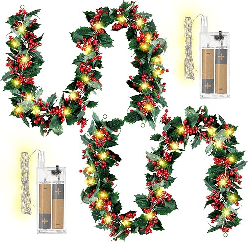 Dingion Guirnalda de Navidad de 12 pies con luces, guirnalda de hojas de acebo y bayas artificiales, funciona con pilas, guirnalda de luces LED para