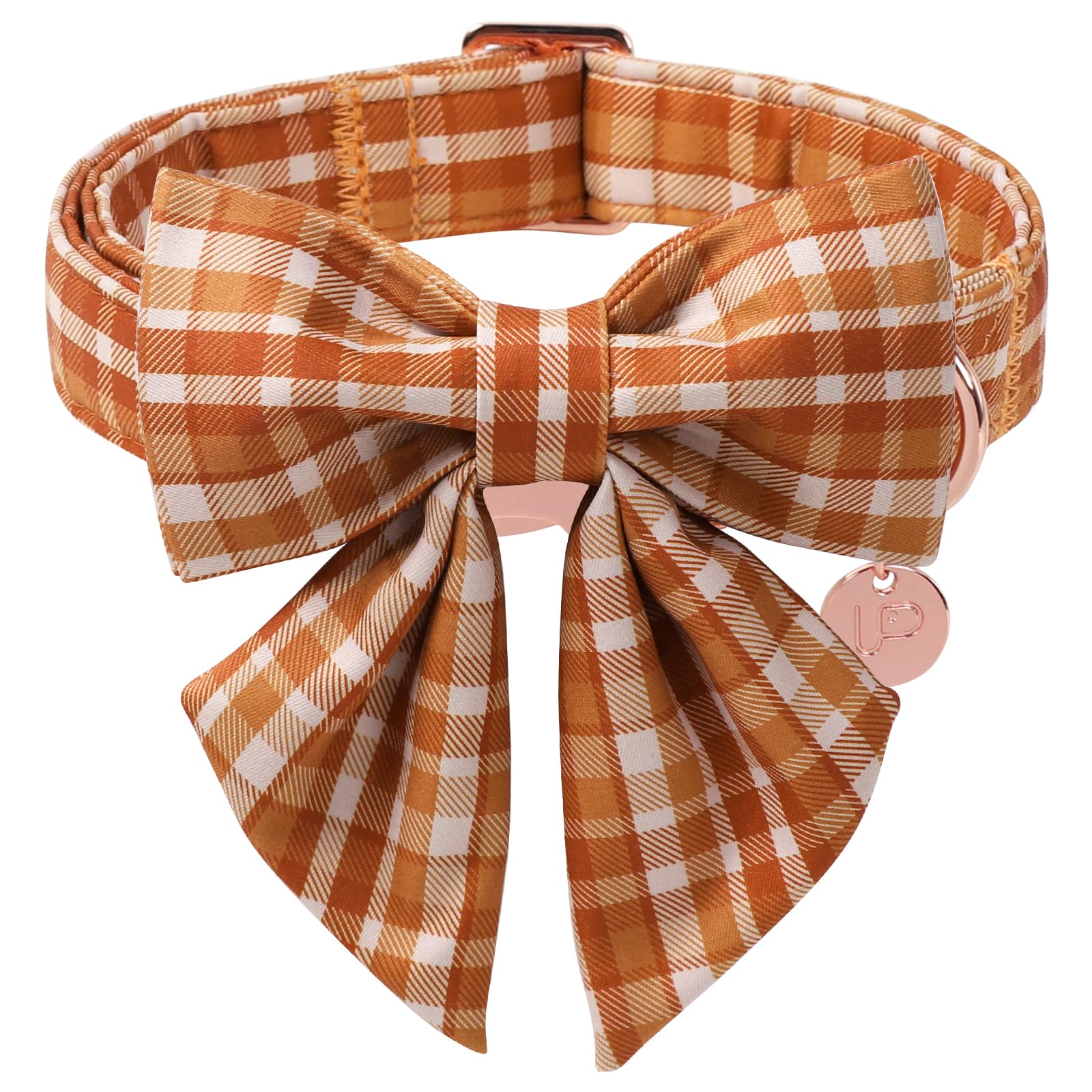 UP URARA PUP Fall Plaid Dog Collar and Bow Tie Set – Brown Orange Checkered Adjustable Collar with Maple Leaf Charm for Small Medium Large Dogs, Soft