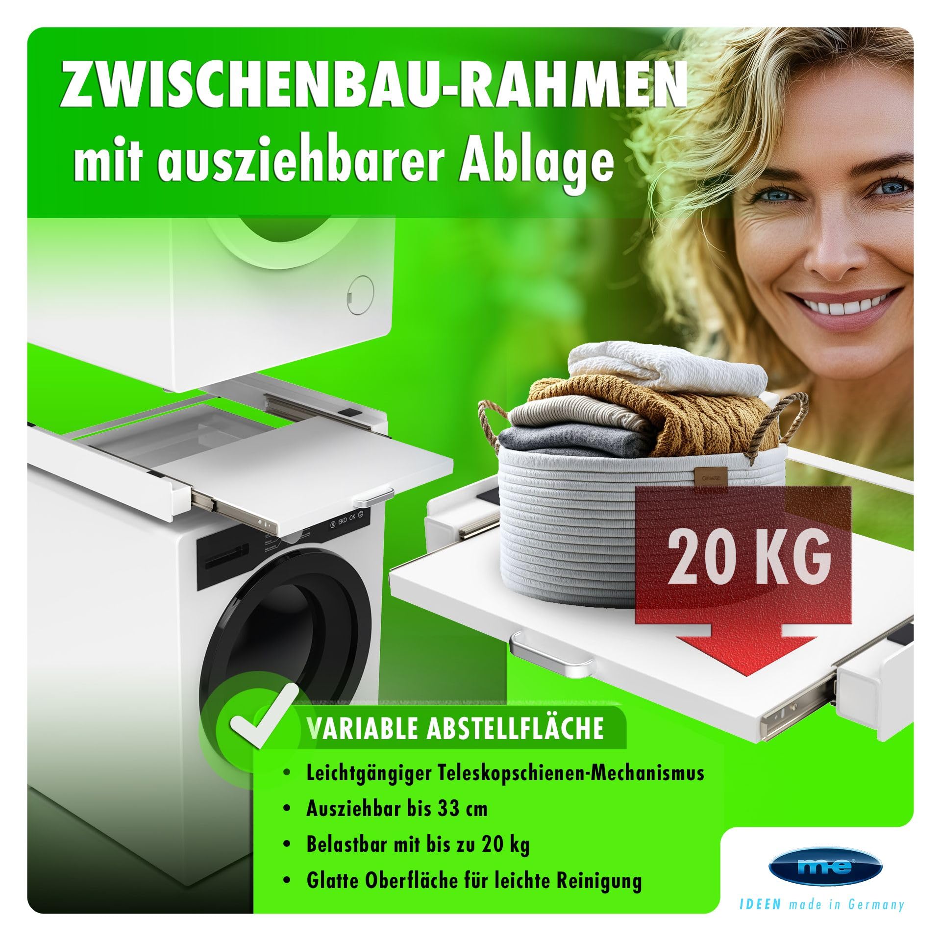 m-e ZR-56 Zwischenbaurahmen für Trockner & Waschmaschine – Verbindungsrahmen mit Ablage – stabil stapeln & fixieren – Waschmaschine-Trockner-Verbindung für 60 cm Geräte, 100% Metall