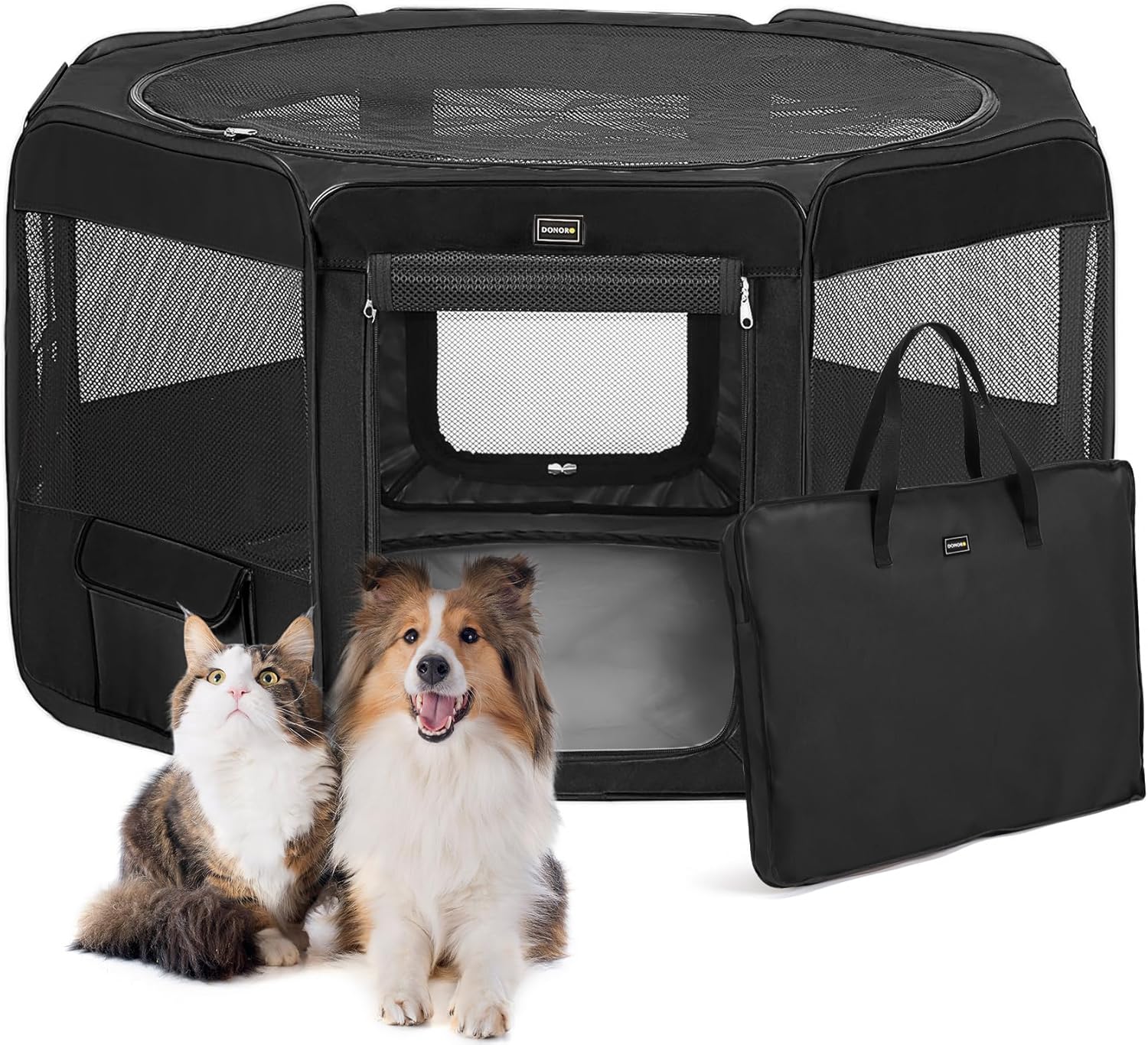 DONORO Dog Playpen Portable Pet Play Pens for Small Dog/Cat/Rabbit/Chicks, Cat Playpen Indoor/Outdoor with Carring Case, Removable Zipper Top and Bottom (Black, Medium (36"x36"x20"), 8) Black 8 Medium (36"x36"x20")