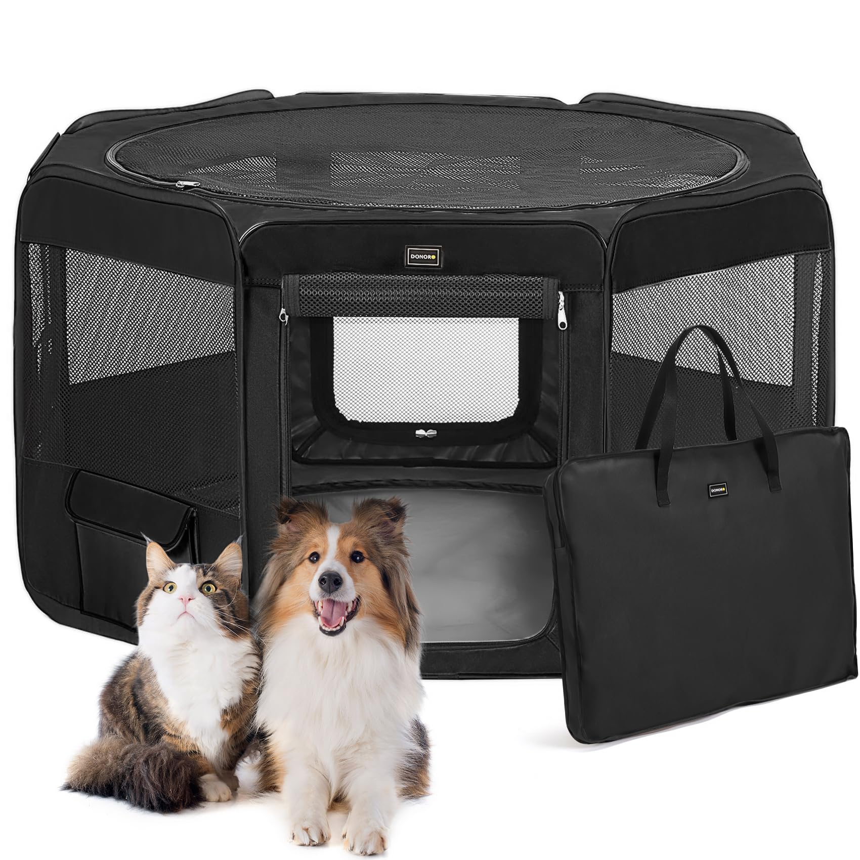 DONORO Dog Playpen Portable Pet Play Pens for Small Dog/Cat/Rabbit/Chicks, Cat Playpen Indoor/Outdoor with Carring Case, Removable Zipper Top and