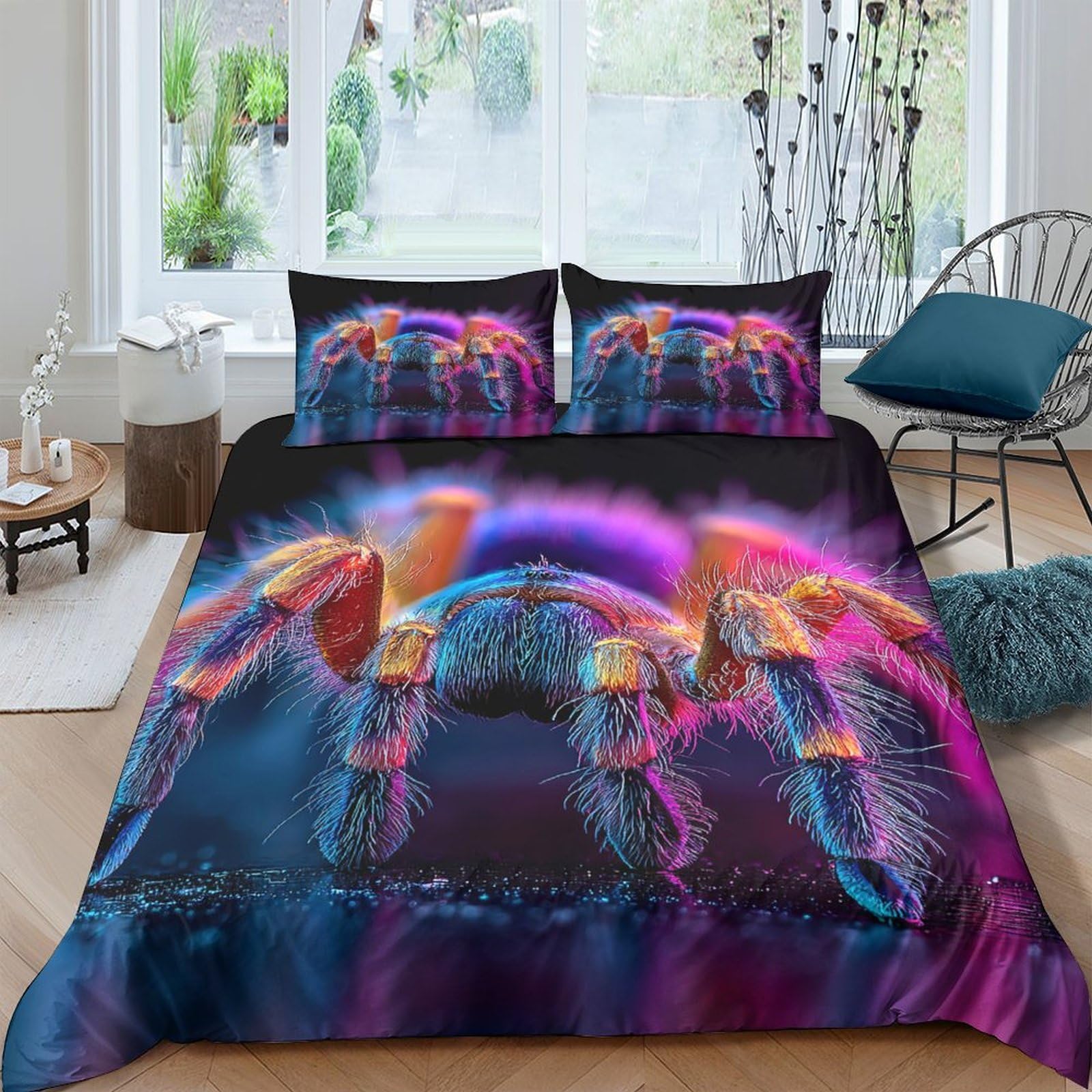 Ctjqhvkz Style-7 3D Printed Neon Spider Fitted Sheet Microfiber Soft Breathable Vibrant Tarantula Mattress Cover For Bedroom Decor Single（135X200cm）