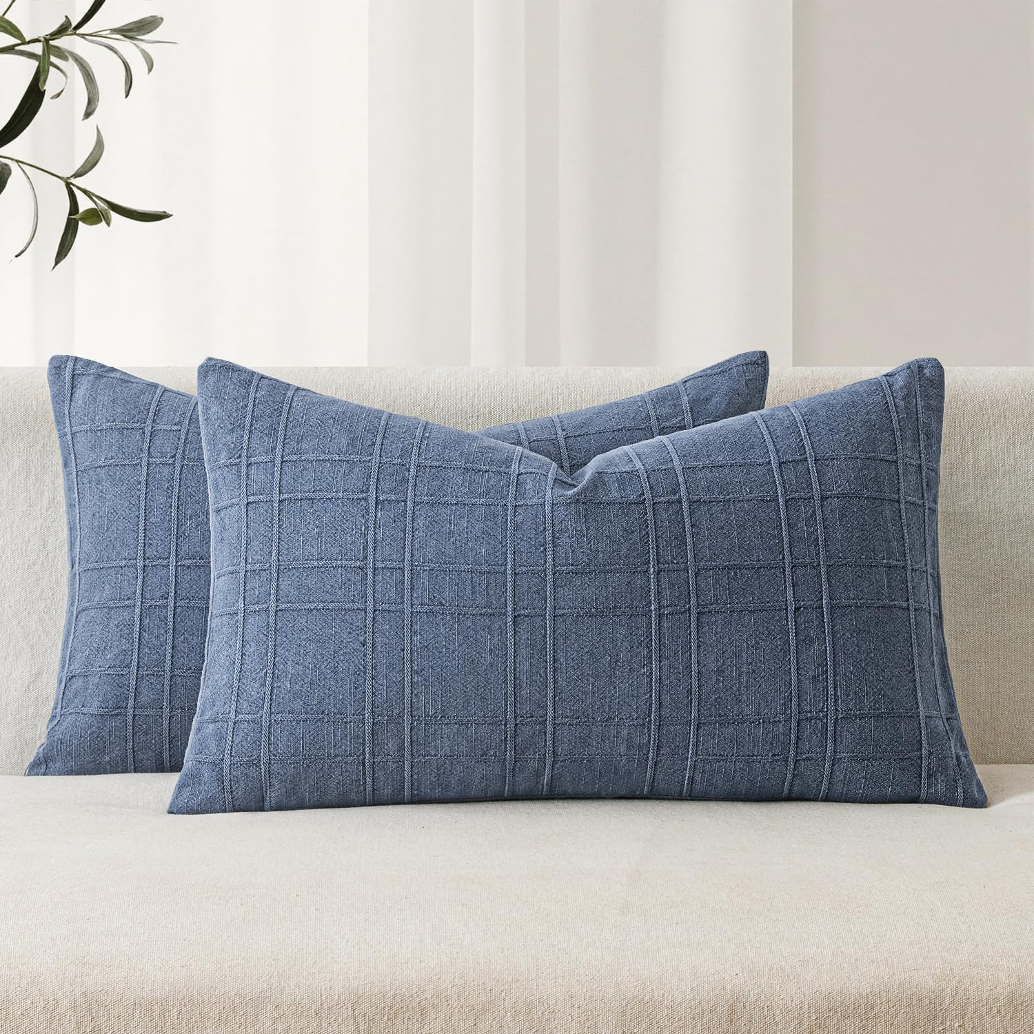 MIULEE Linen Plaid Pillow Covers Coastal Decorative Lumbar 12x20 Blue