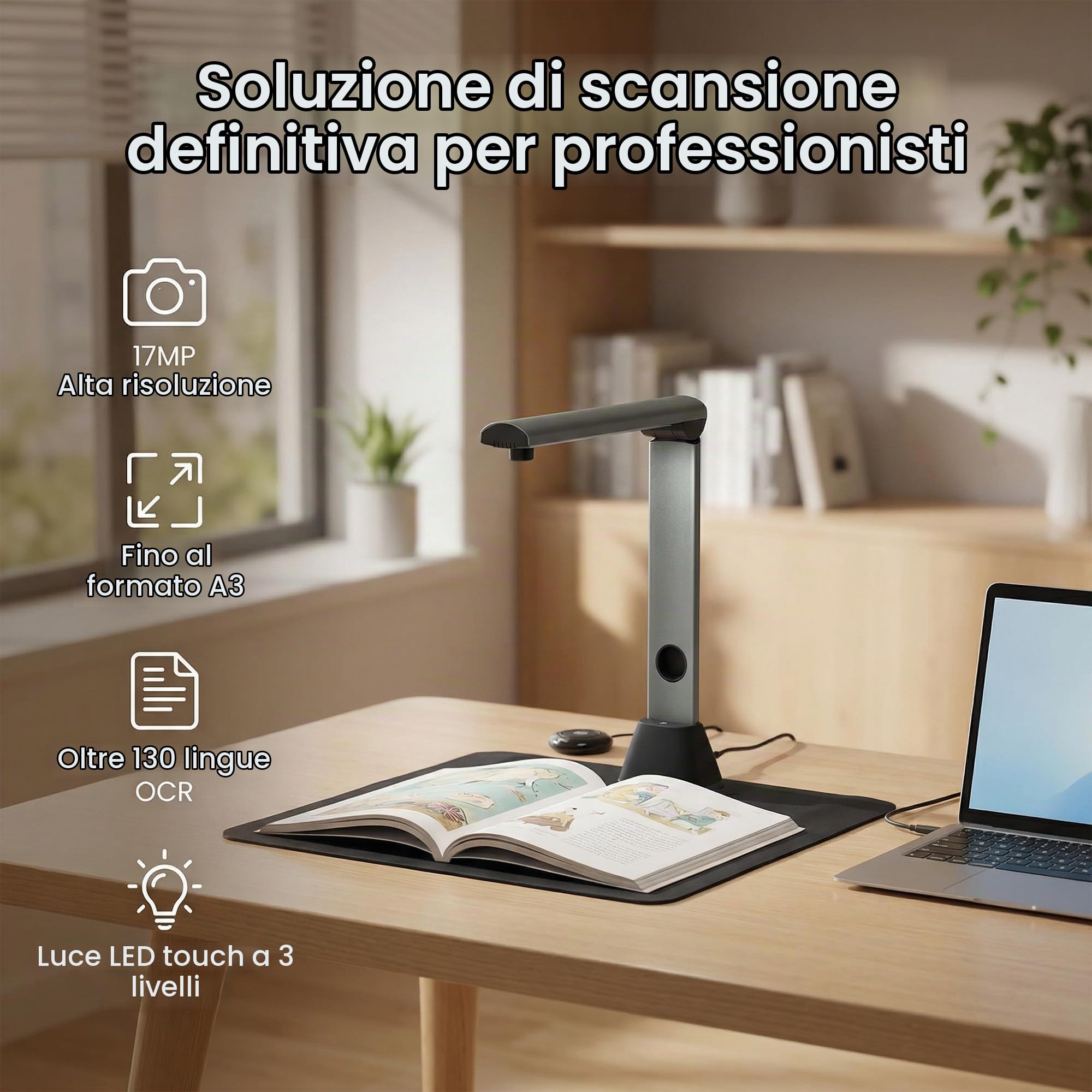 Scanner Documenti A3 17MP: | OCR 130 Lingue Fotocamera Documenti USB 4 LED Scanner Libro Ufficio Scuola Archivio Home Office