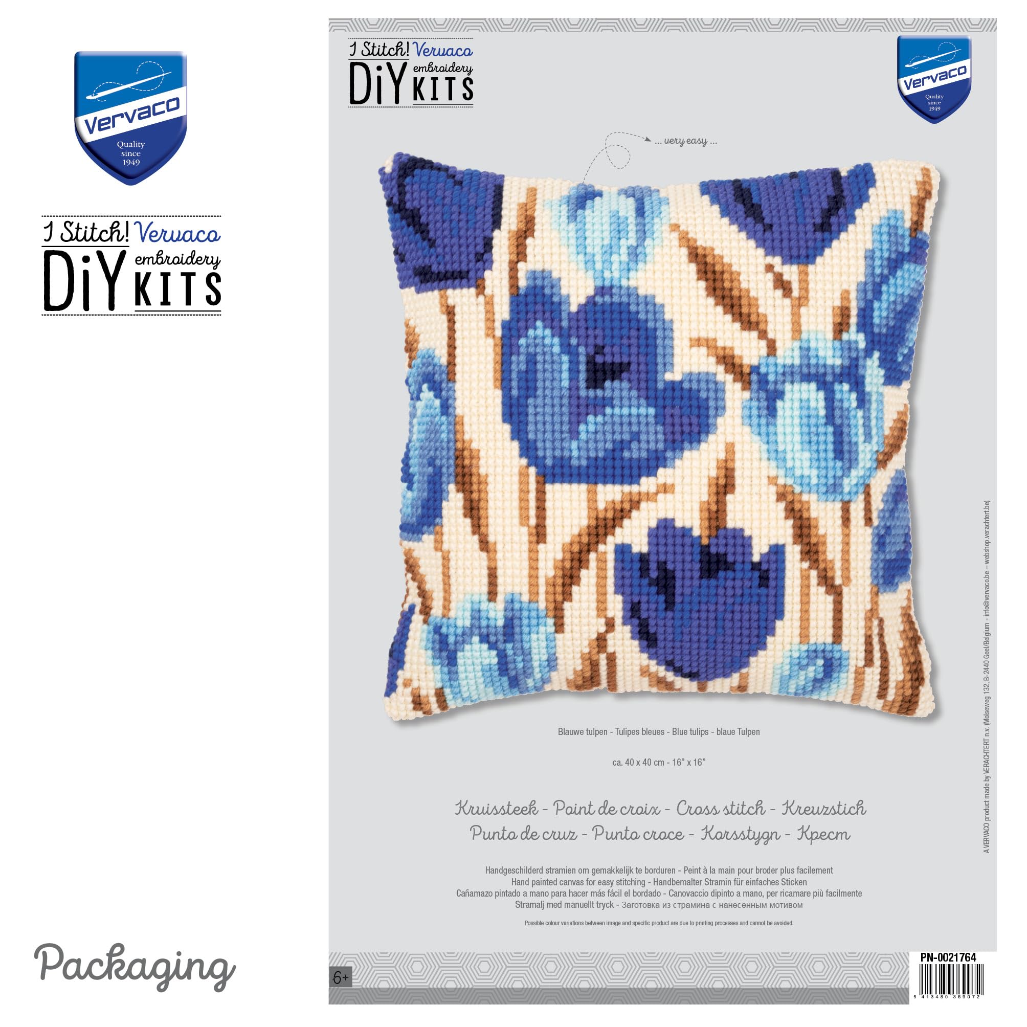 VERVACO Kit Cuscino Punto Croce Tulipani Blu Set Ricamo Principianti Cuscini Gobelin Decorativi ca. 40 x 40 cm Accessori per Lavoretti Creativi DIY Casa Decor Hobby Adulti Cross Stitch