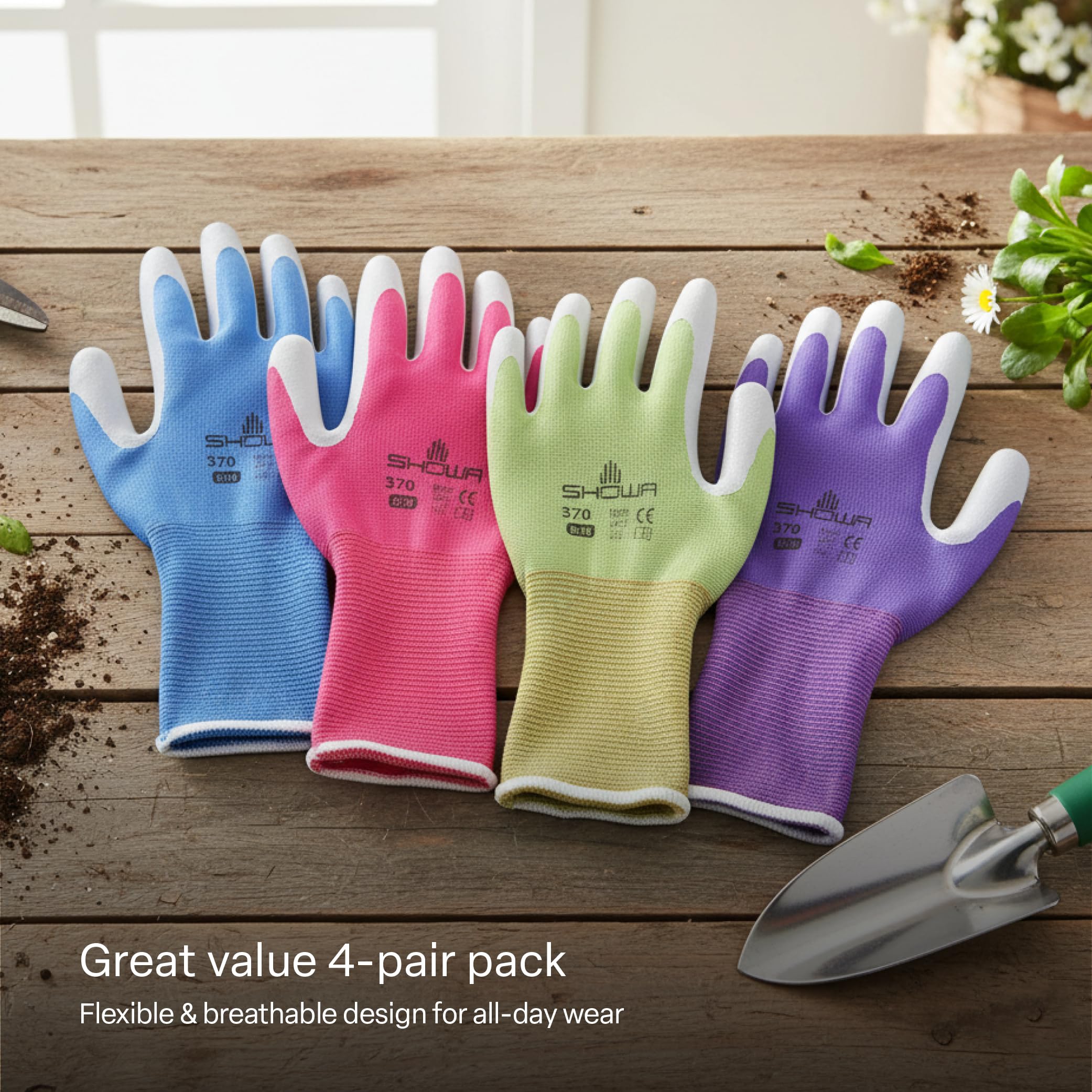 Lot de 4 paires de gants de jardinage Showa Floreo 370 - Avec revêtement en nitrile résistant, M, 1