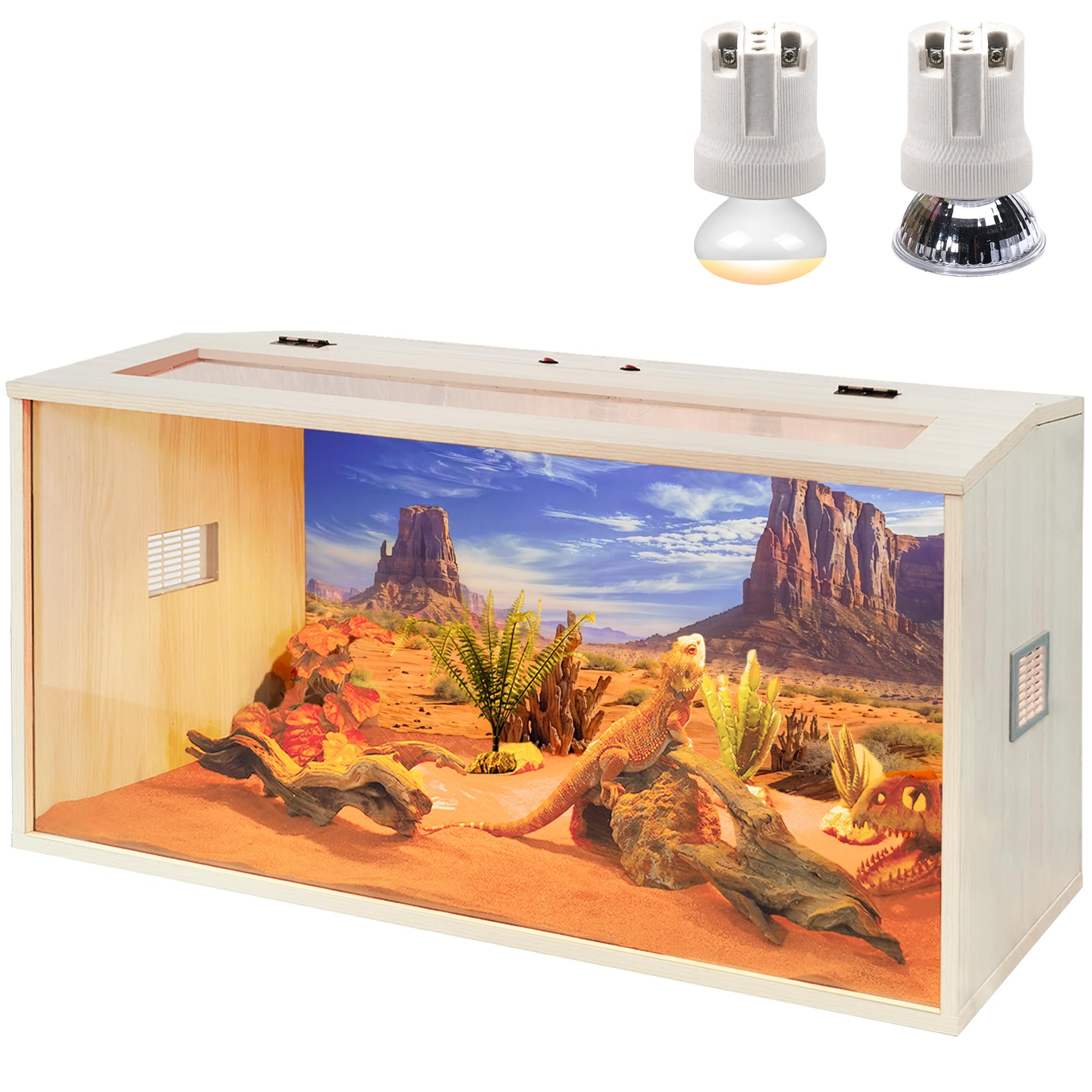 PROLEE Bearded Dragon Tank,Wooden Reptile Tank and Lizard Tank,Tempered Glass Large Bearded Dragon Enclosure with Built-in Lamp Fixture (32X16X16inch,