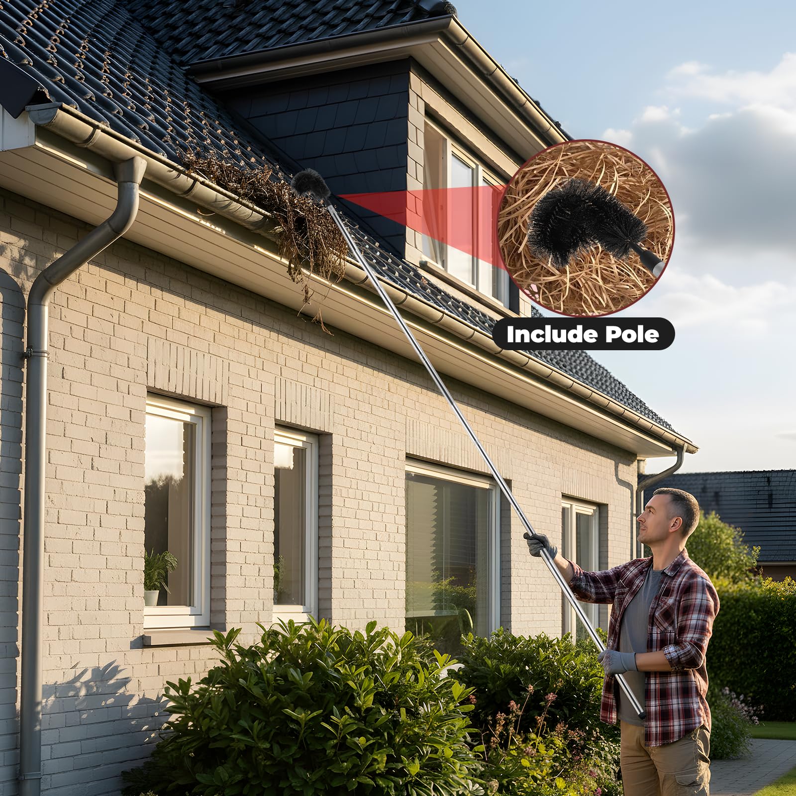 180cm Dachrinnenreiniger, 360° Verstellbarer Winkel Reinigungslöffel Schaufel mit 6Pcs Teleskopstiel and Inspektionsspiegel für Reinigen von Blättern Schmutz Fenstern Dachrinnen Kronleuchtern