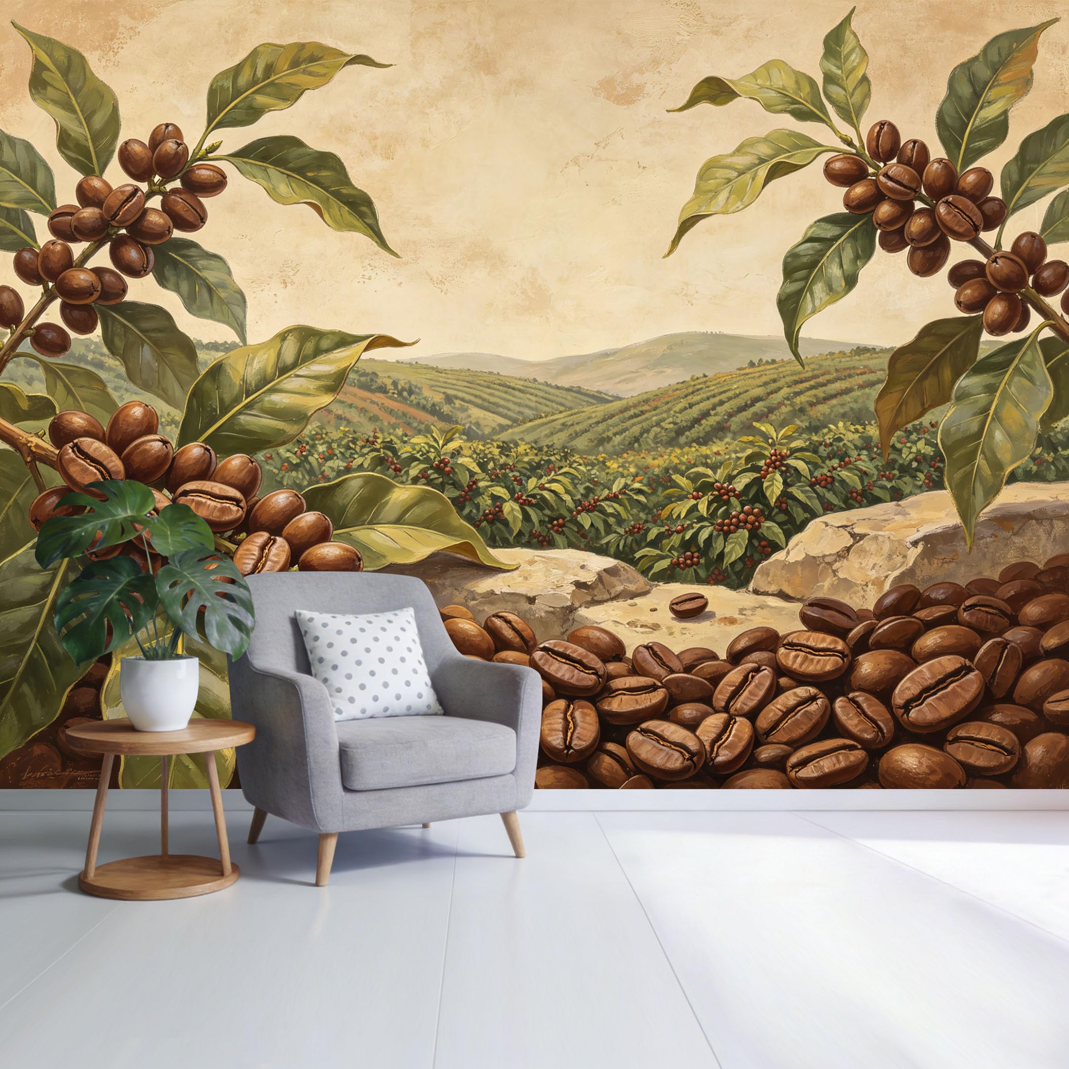 Custom Size Wall Mural Coffee Beans Vineyard Landscape Botanical Farmhouse Style SelfAdhesive Wall Fabric Removable Wallpaper for Home Office Decor