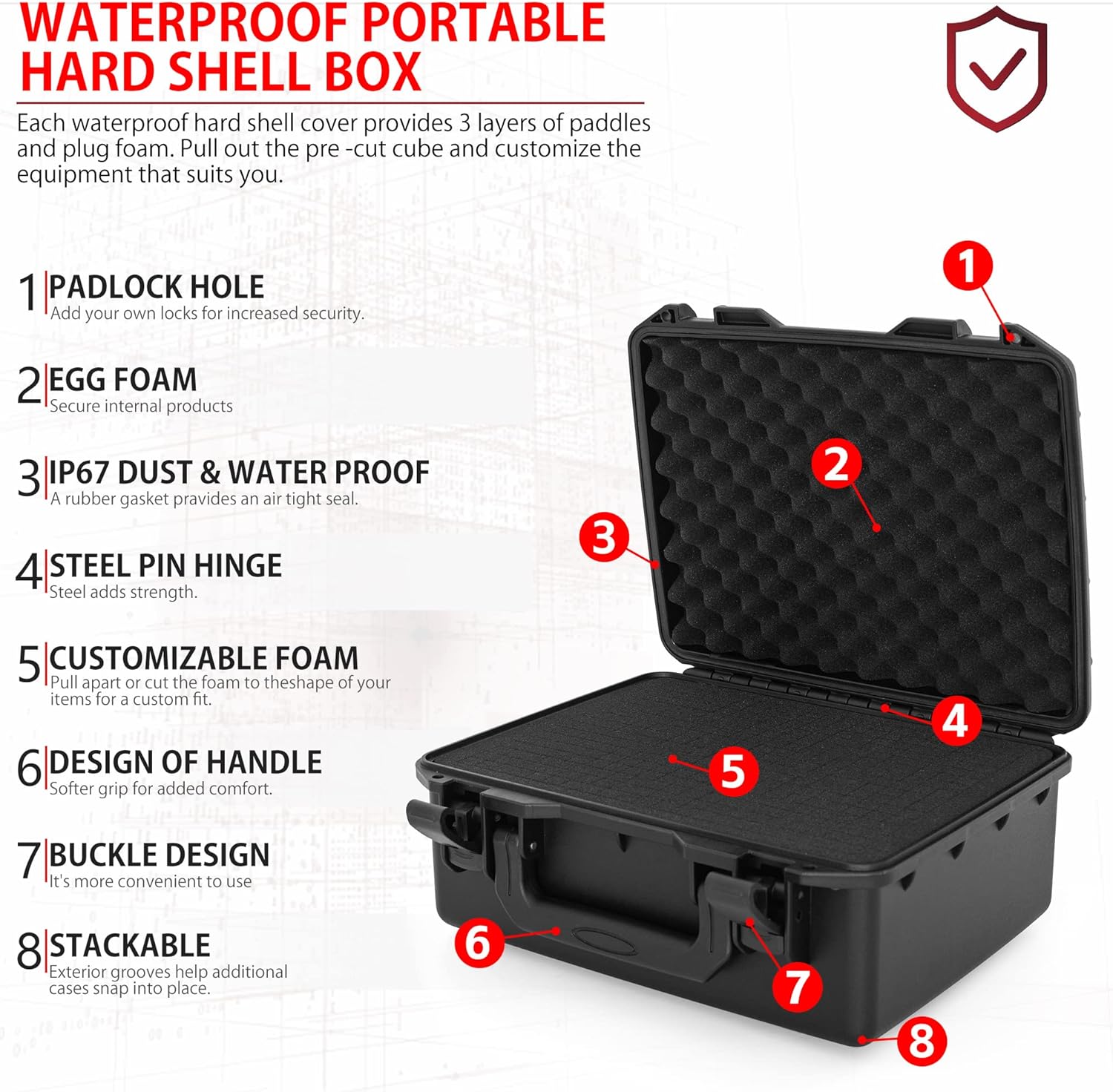 Hard Case with IP67 Waterproof Shockproof Tool Box for Microphone, Drones, Camera, Equipments, Portable Storage Case, 12.2 x 9.8 x 5.5 Inch - Image 7