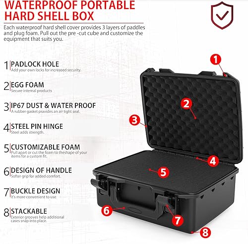 Miniatura 4 de Funda rígida para micrófono, drones, cámara, equipos, funda de almacenamiento portátil, TORIBIO Hard Box precortada espuma extraíble, impermeable