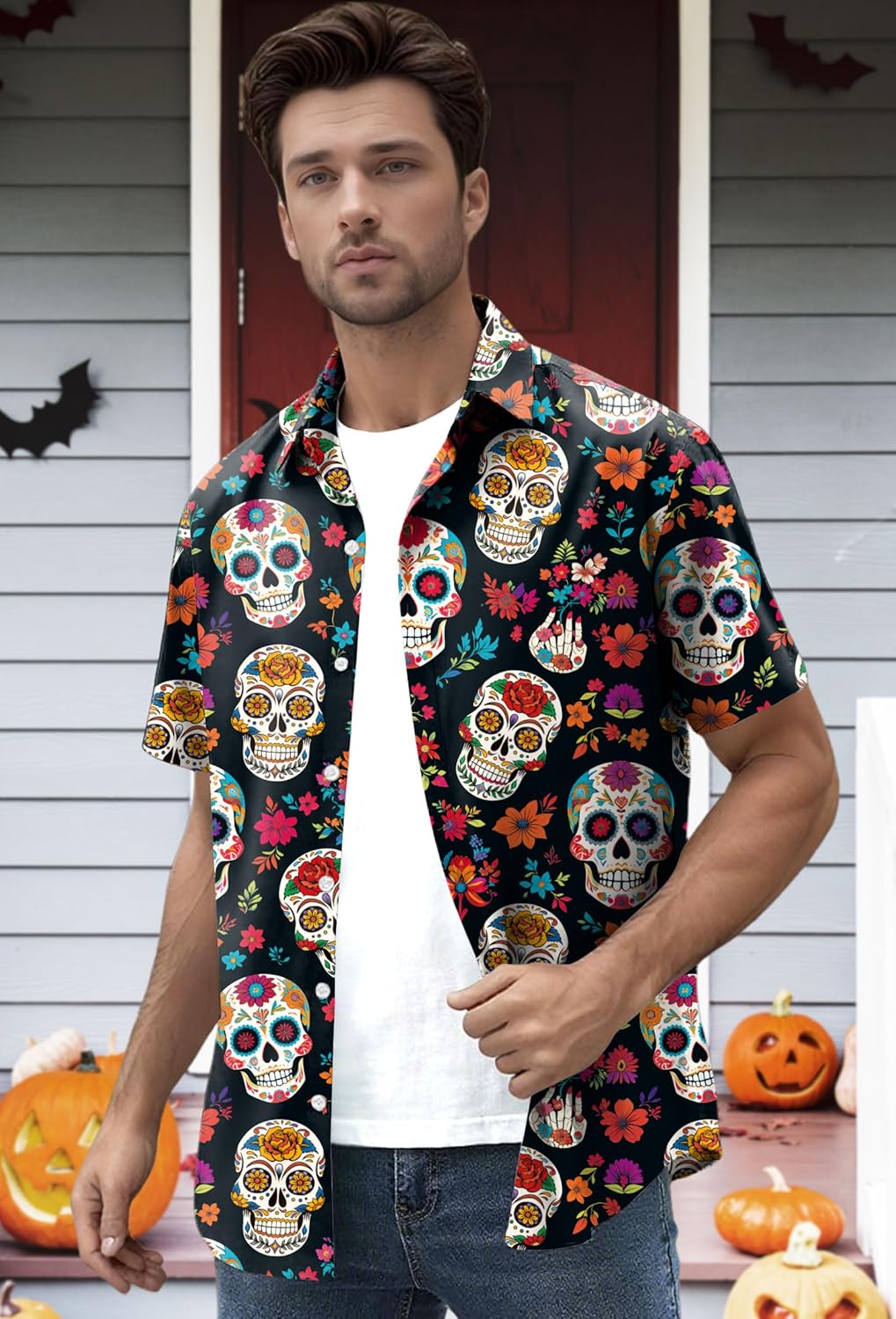 Dia De Los Muertos Shirts for Men Day of Dead Tees Skeleton Button Down Tshirt Halloween Skull Short Sleeve Tops - Image 2