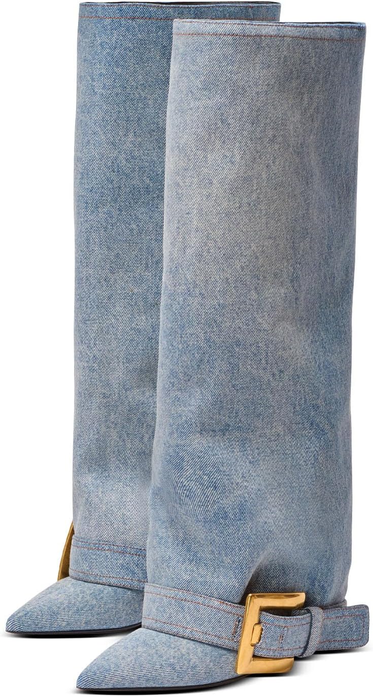 Fold Over Boots for Women Pointed Toe Stiletto Heel Knee High Boots Sexy Dress Shoes