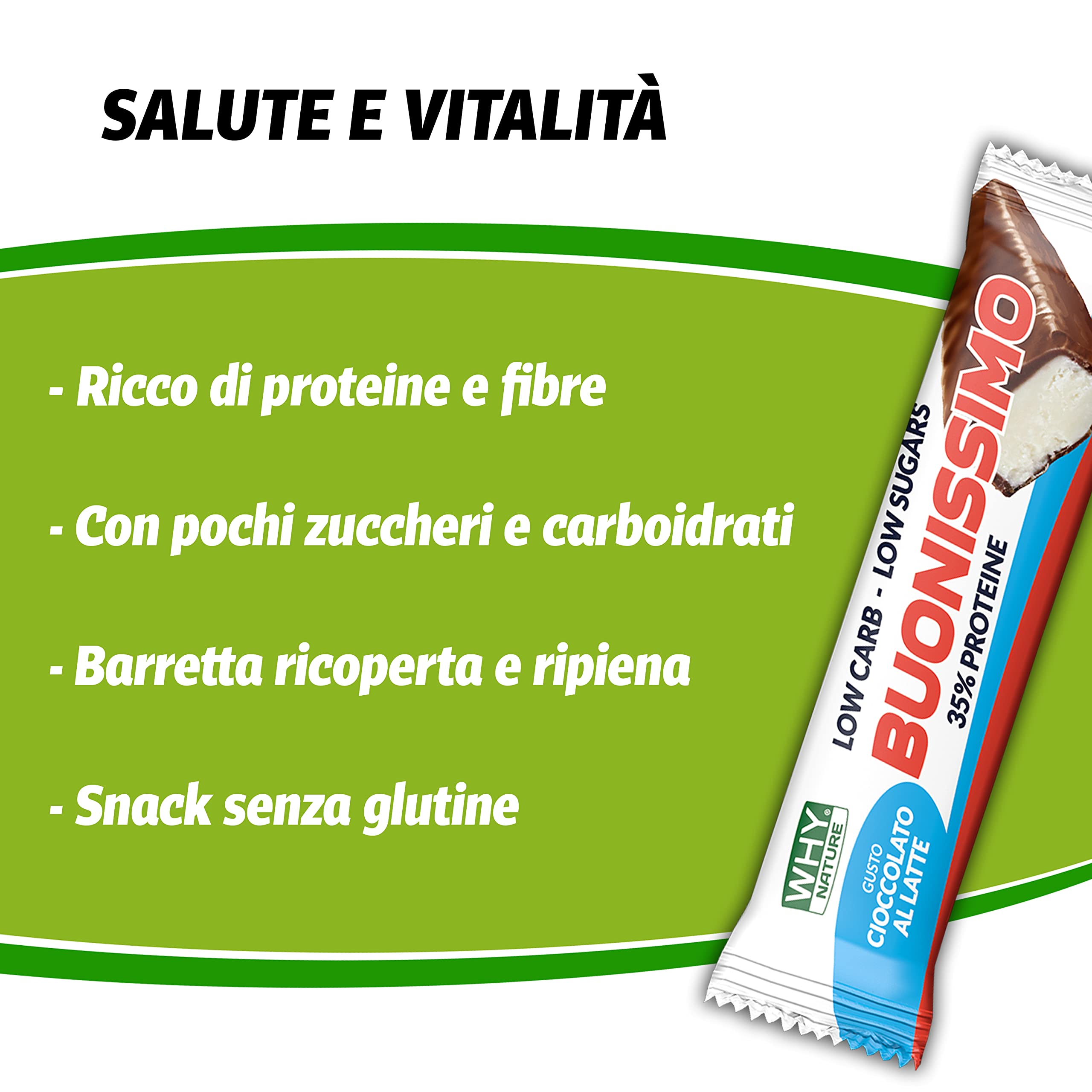 WHY NATURE BUONISSIMO - Barrette Proteiche Ricoperte e Ripiene - Barretta Proteica Senza Glutine - Snack Proteici - Gusto Cioccolato al Latte - Box 30 Barrette da 30 gr