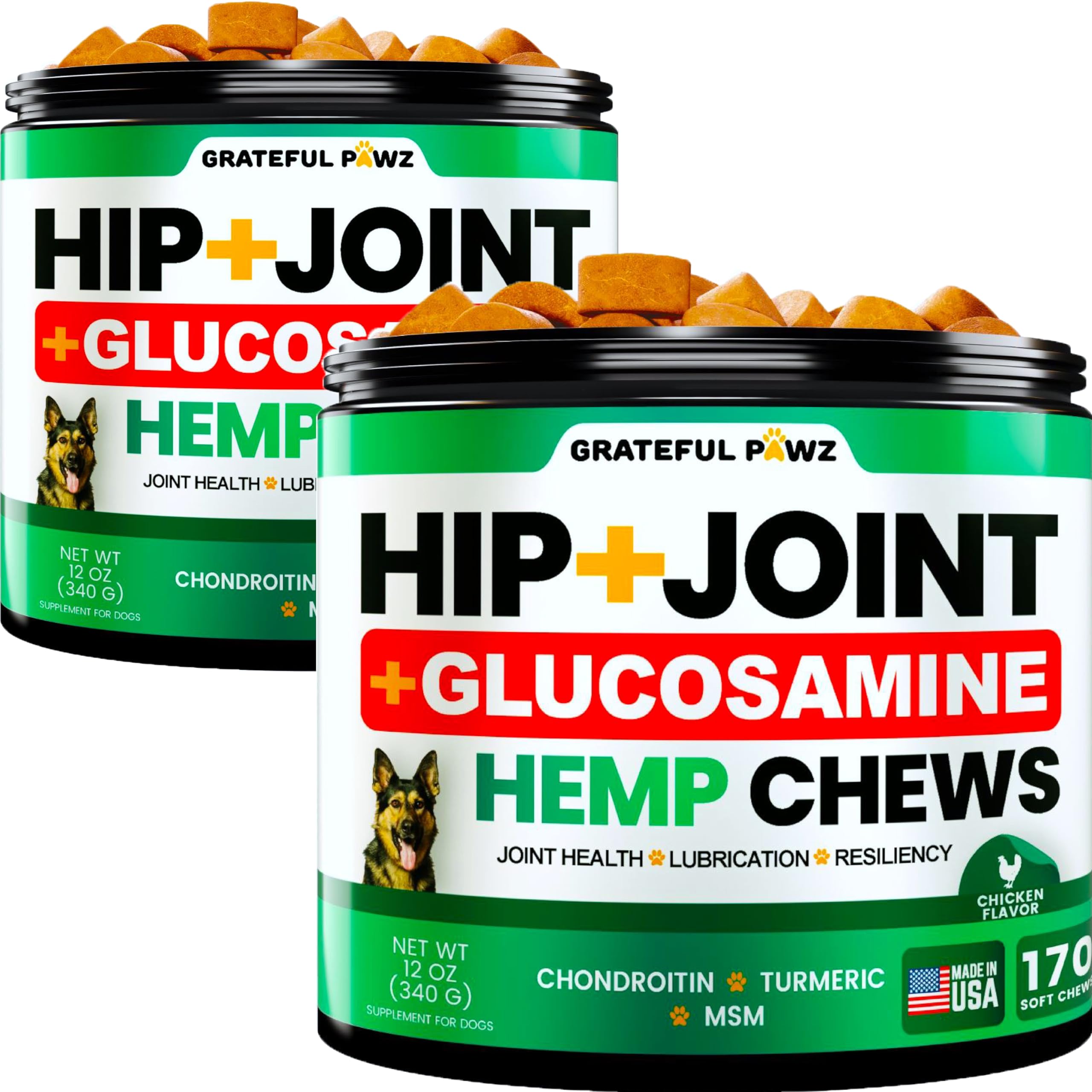 (2 Pack) Hemp Hip and Joint Supplement for Dogs - Glucosamine for Dogs - 340 Joint Pain Relief Treats - Chondroitin, MSM, Hemp Oil - Advanced Health Supplement - Mobility Support Chews - Made in USA