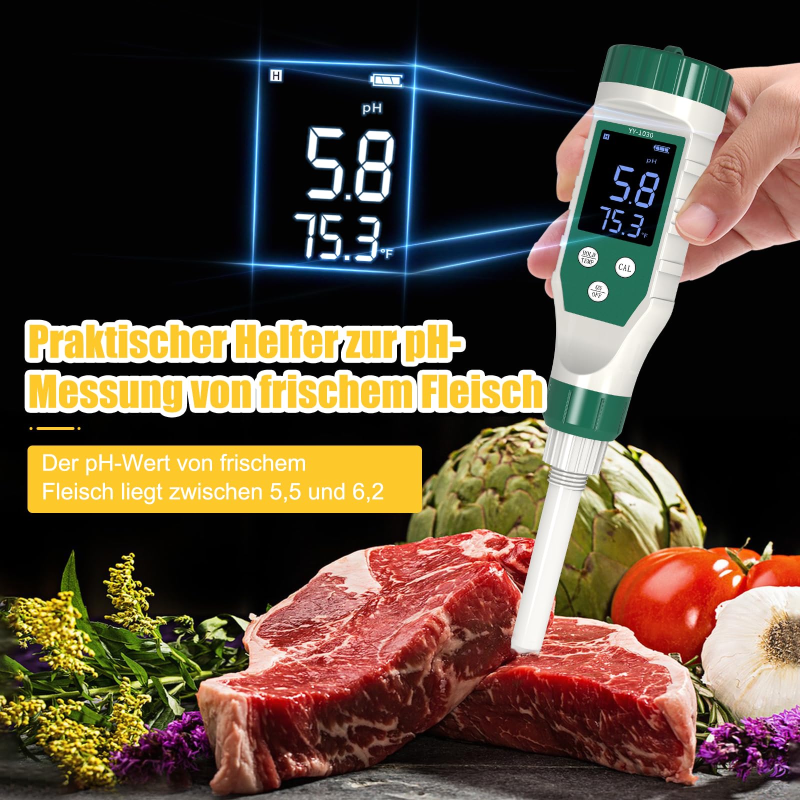 pH-mètre, Testeur de pH Numérique pour Aliments avec Sonde de Haute Précision, pH-mètre Étanche pour Viande, Pain, Fromage, Pâte, Crème et Eau