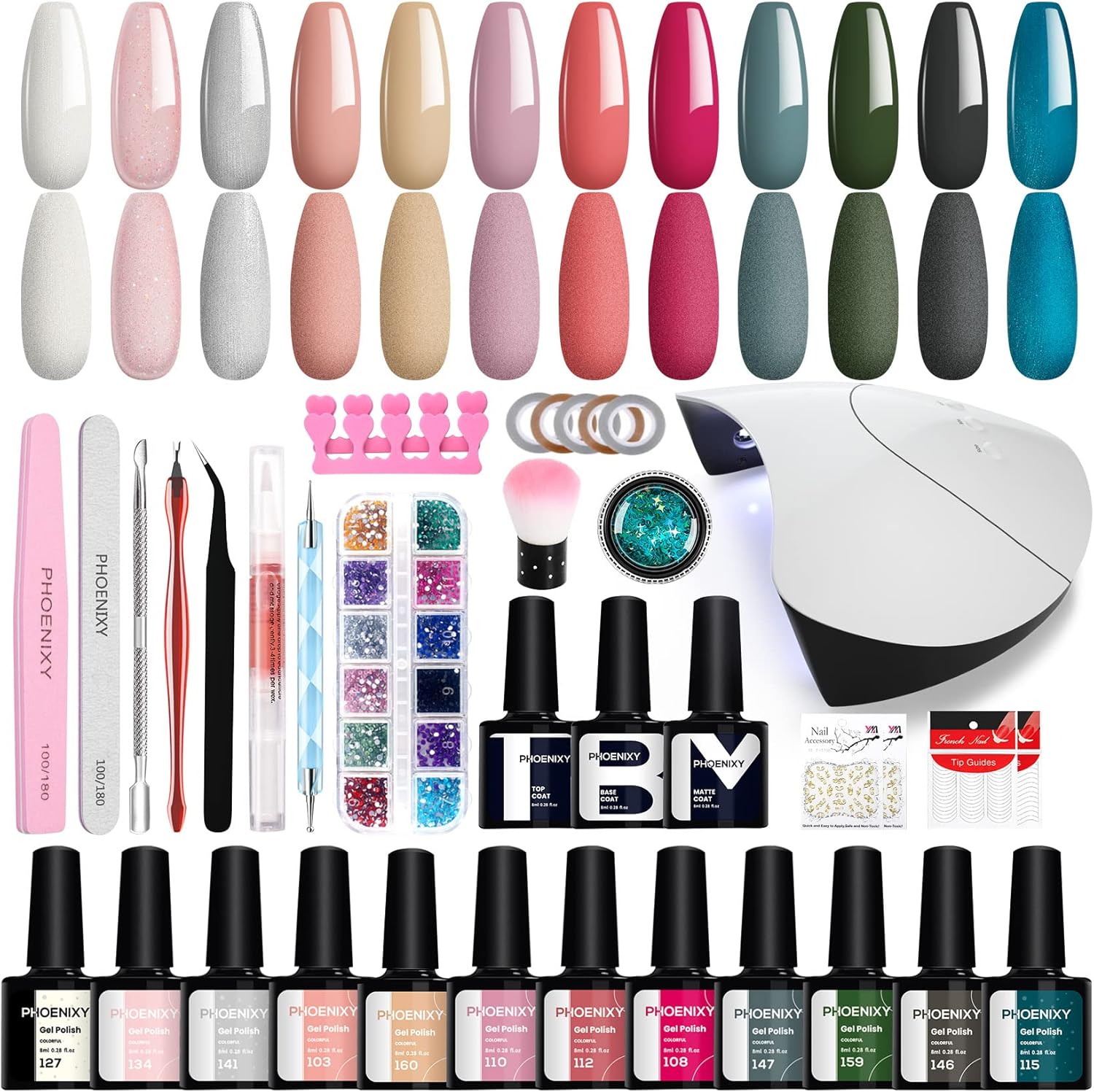 Kit Uñas Semipermanente en Gel Phoenixy con 36W U V LED Lampara 12 Colores Kit Uñas de Gel Completo Mate y Base Top Coat Regalos Set Manicura Semipermanente