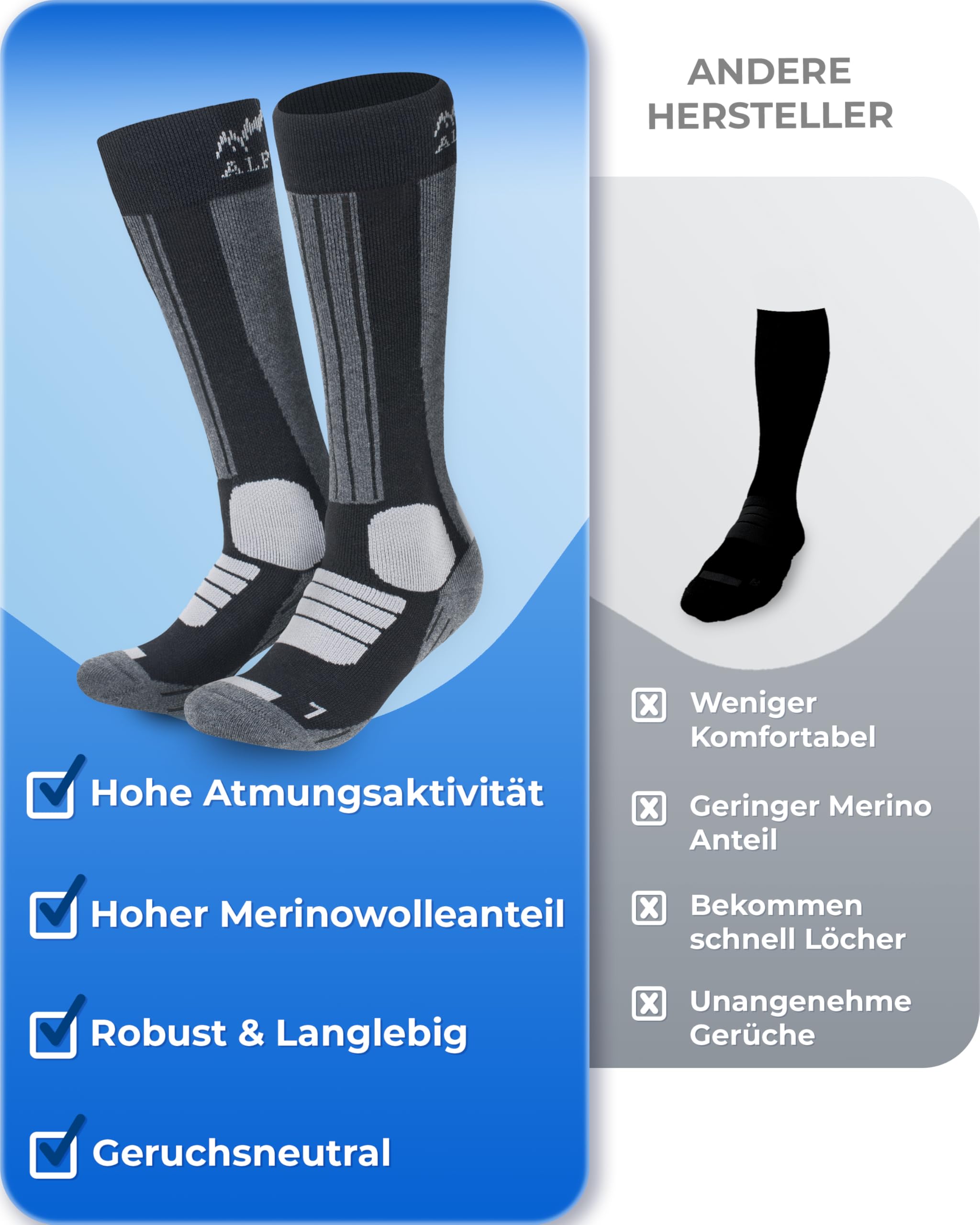 Alpenwert MERINO Calze da sci [2 PAAR] per uomo, donna e bambino, 35-38, 39-42, 43-46 calde, calze da sci invernali