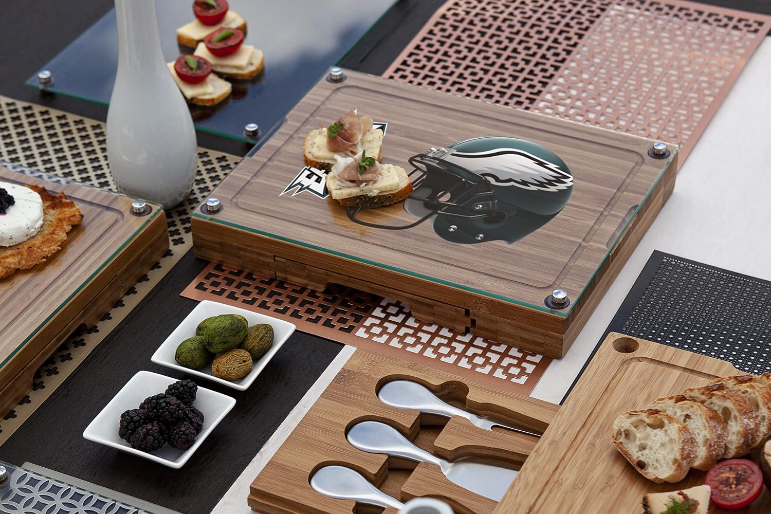 PICNIC TIME NFL Concerto Glass Top Cheese Board and Knife Set - Charcuterie Board Set - Glass Top Cutting Board, (Bamboo)