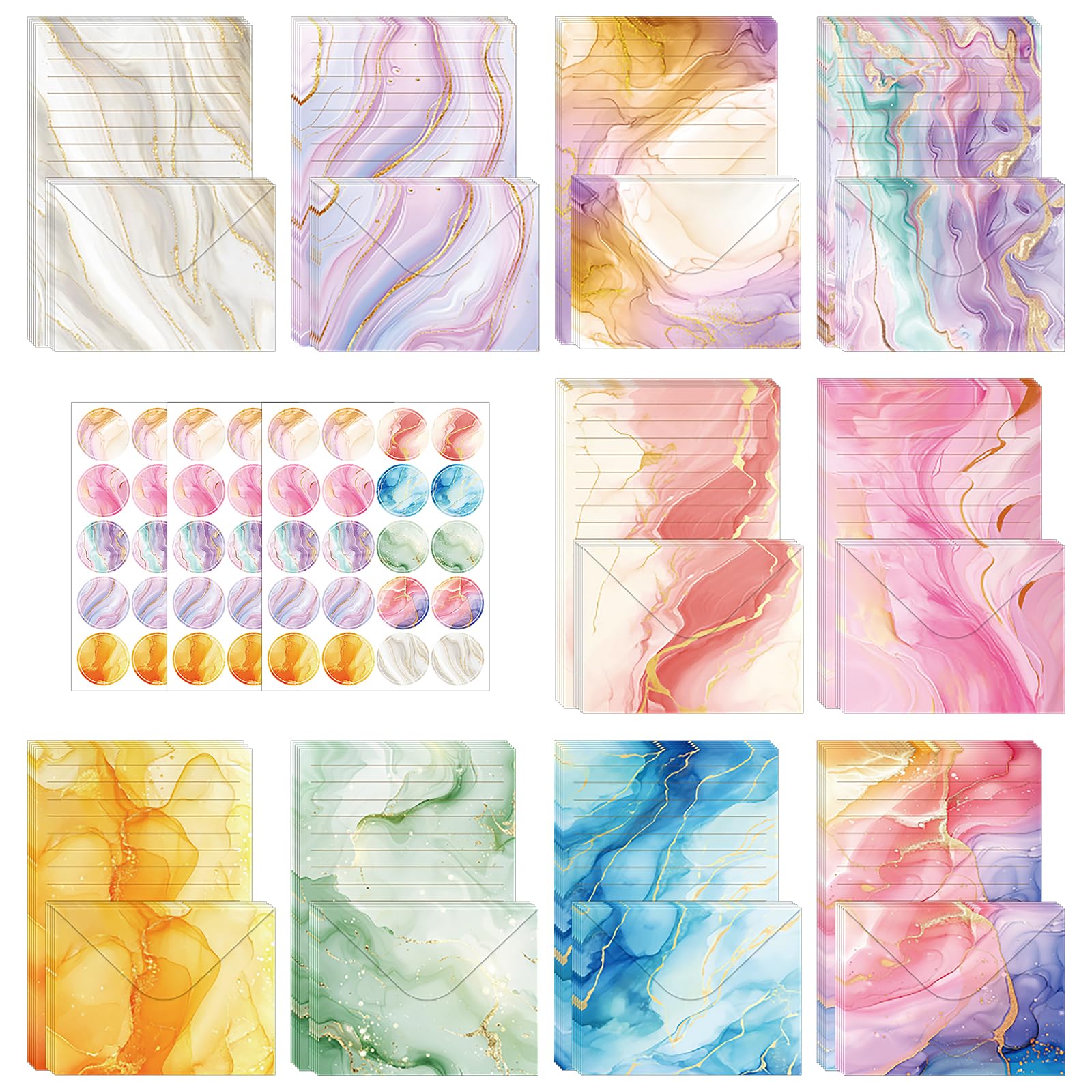 160 Pcs Writing Paper and Envelopes Set, 50 A5 Lined Letter Papers with 50 Envelopes & 60 Stickers, Letter Writing Set Kids with 10 Elegant Marble Designs for Letters, Invitations, and DIY Projects