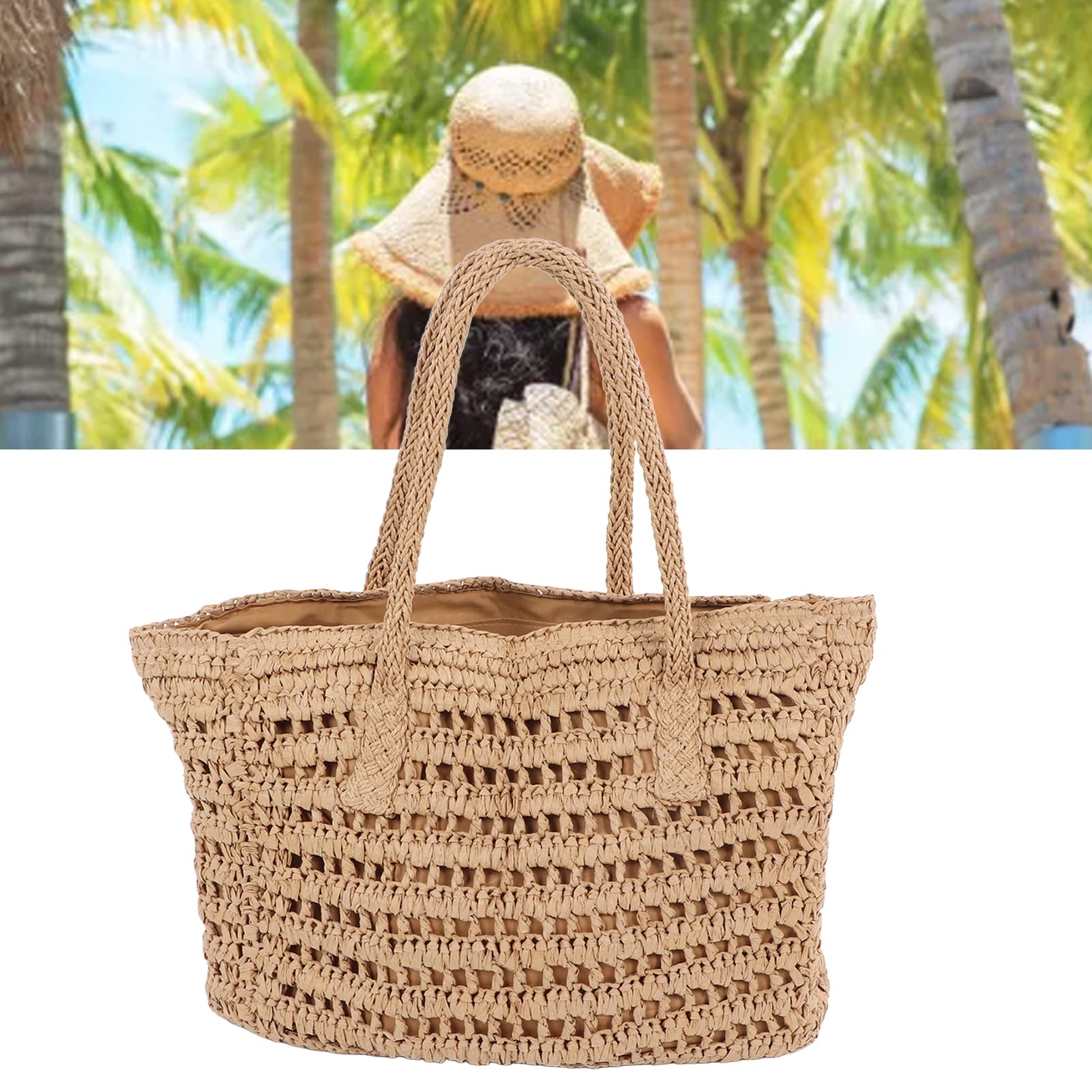 Strandtasche aus Stroh, Vintage-Handtasche aus Stroh, Ausgehöhlte, Gewebte Innentasche mit Reißverschluss für den Urlaub