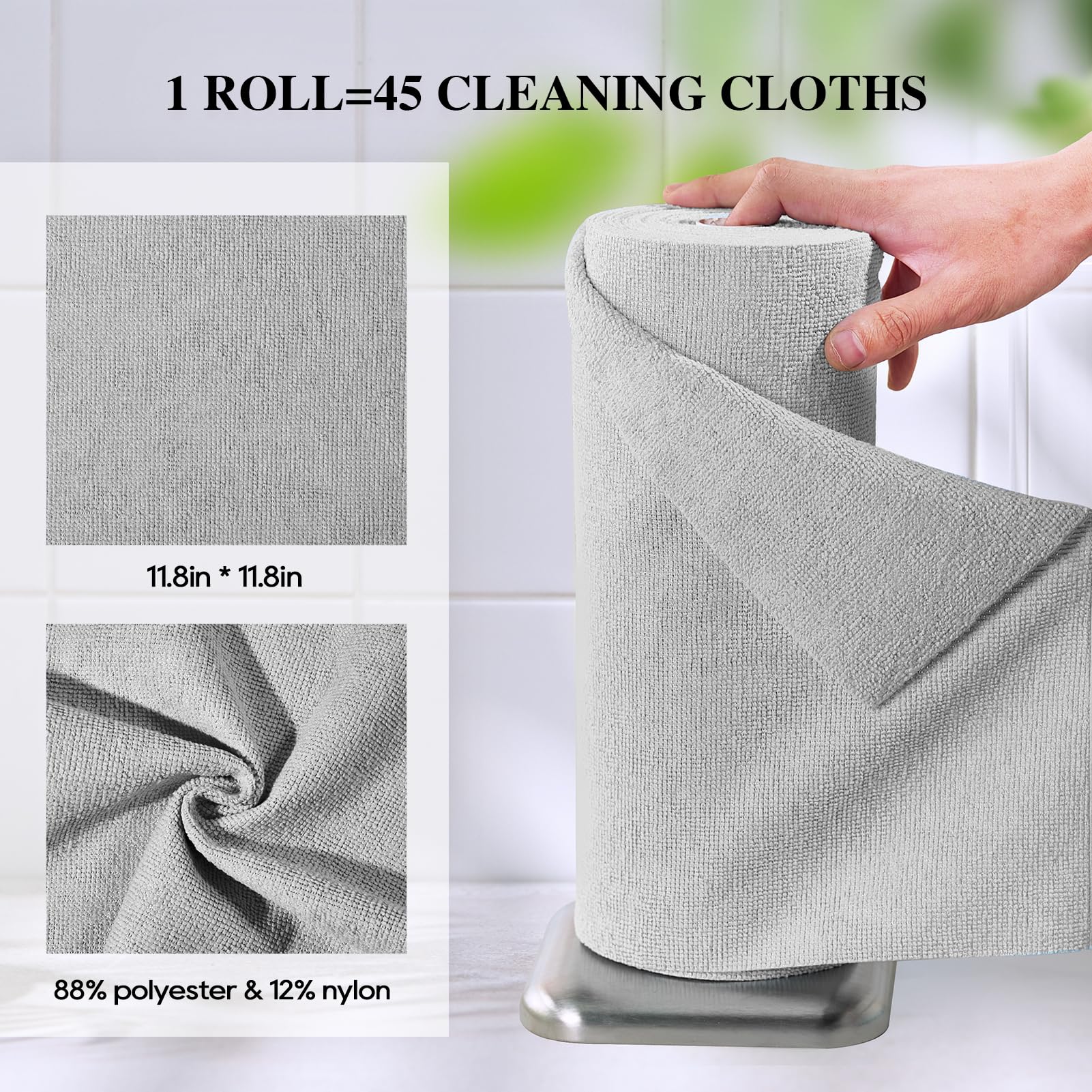 HONOVA Paño de limpieza de microfibra, paquete de 45 toallas de papel reutilizables, rollo lavable, 12 x 12 pulgadas, toallas de microfibra extraíbles, ultra absorbentes, trapos de cocina sin pelusa