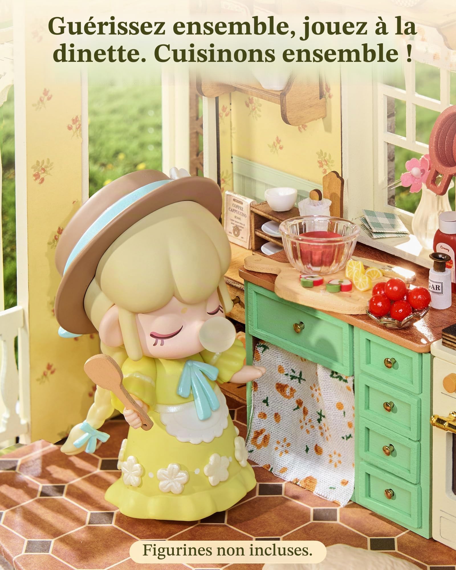 Rolife Miniature Maison de Poupée pour Adultes, Cuisine de Ferme Ensoleillée, Maison Miniature en Bois Style Cottage, Maquette avec Lumières LED, Loisir Créatif Relaxant, Cadeau Noël Femme