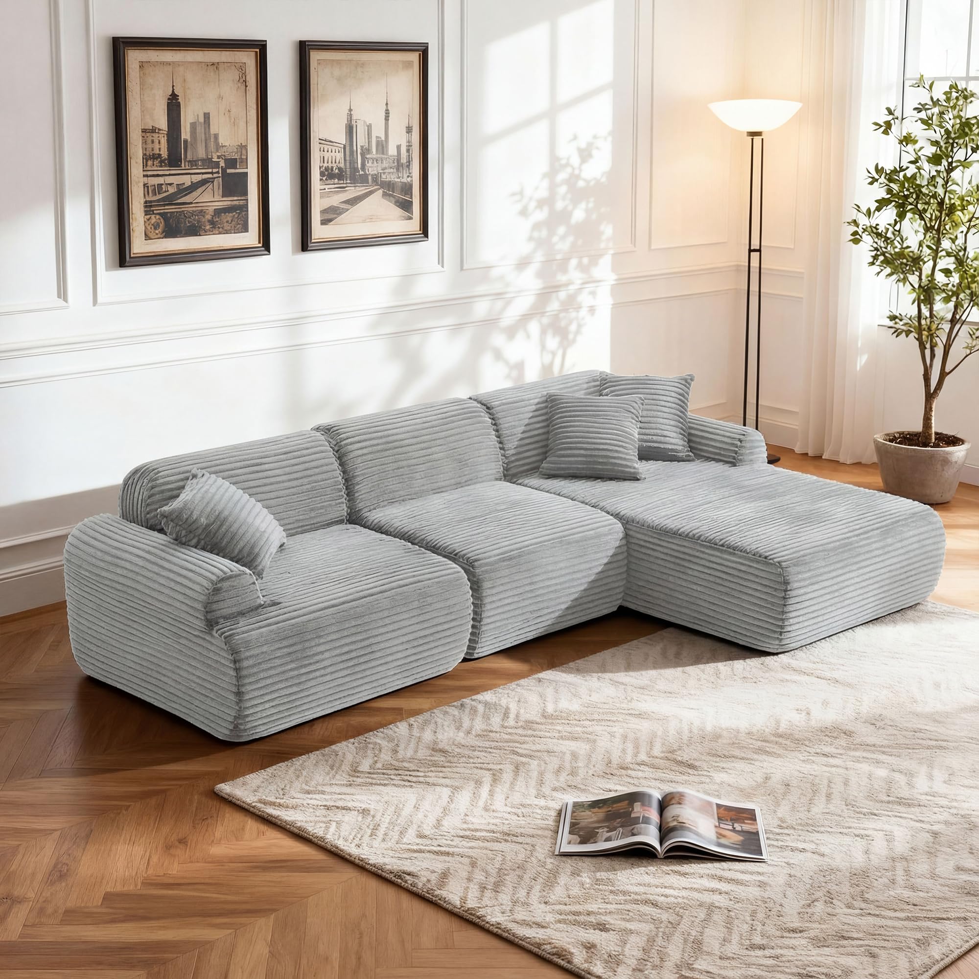 KEIKI 2Seat Modular Boneless Sectional Corduroy Sofa Couch with Chaise for City Apartment Small Space Family Friendly Homeowners Warm Inviting Comfy Supportive Rest Space Premium Design Grey