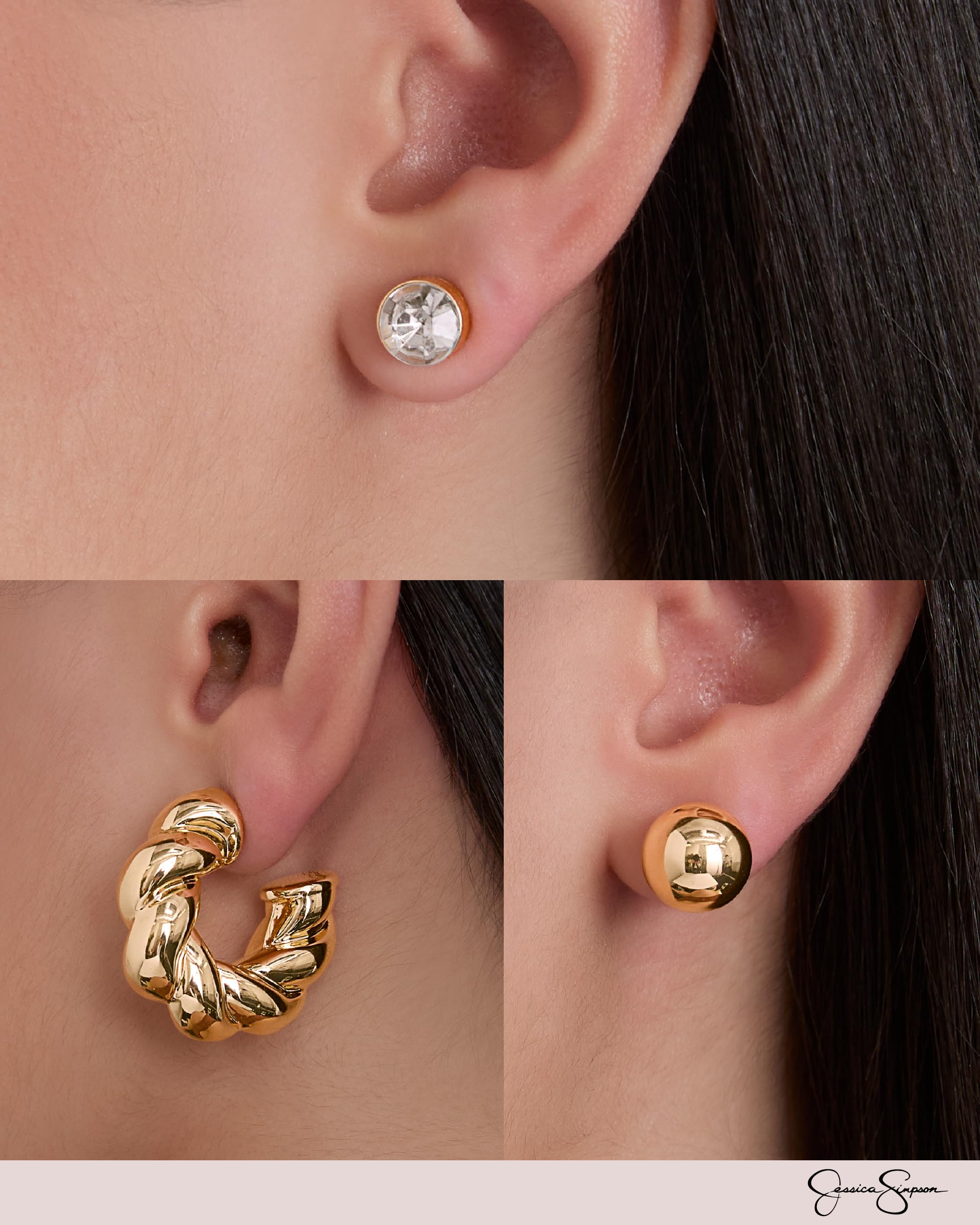 Jessica Simpson Gold-Tone Earrings Pack for Women Set of 3 with Crystal Accents, 2 Stud Earrings and 1 Pair of Chunky Hoops