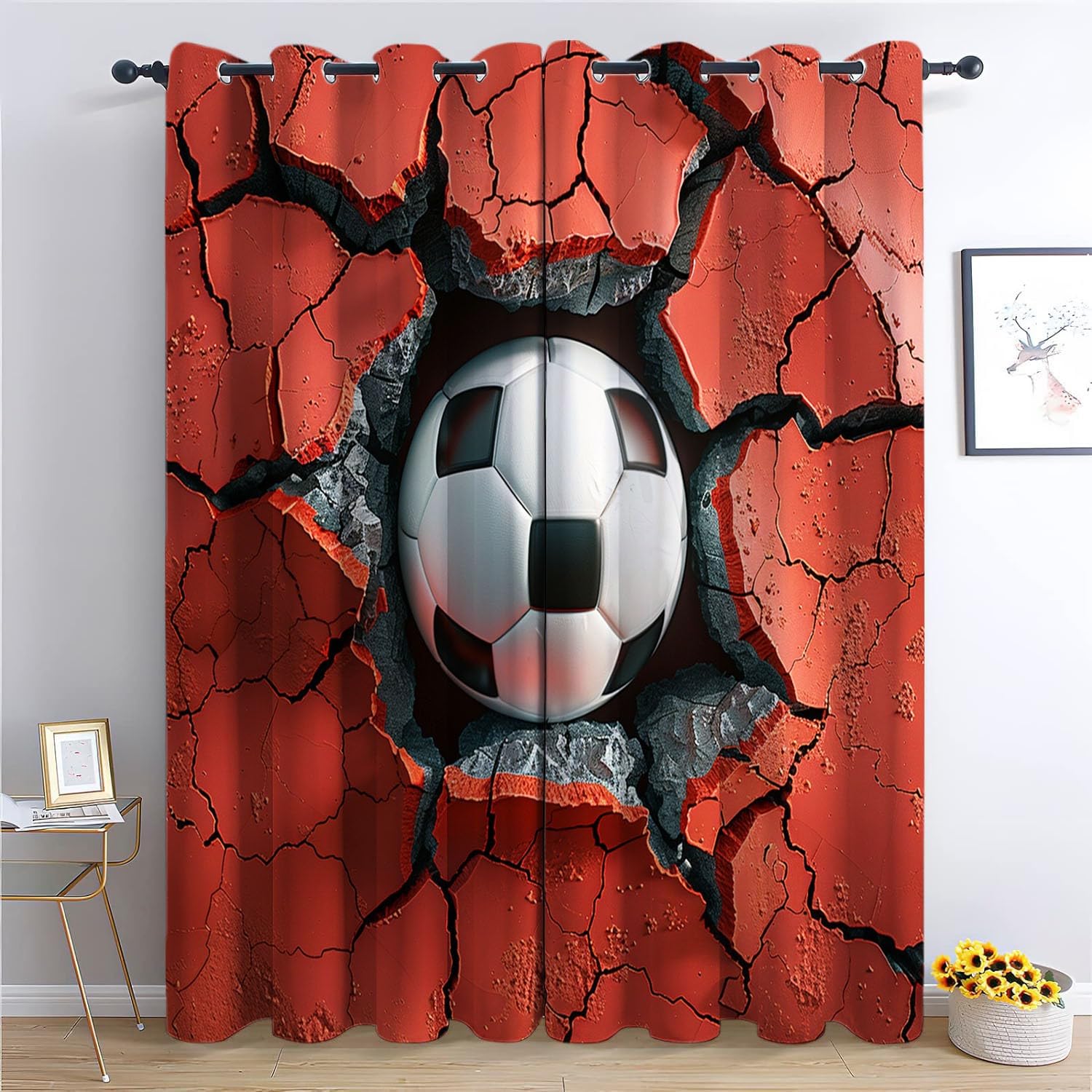 Srigzcaly Football Sports 100% Total Blackout Eyelet Curtains, Red Thermal Insulated Ring Top Window Drapes for Boys Girls Teens Bedroom Living Room - 2 Panels, Total 92" W x 54" L (234x138cm)