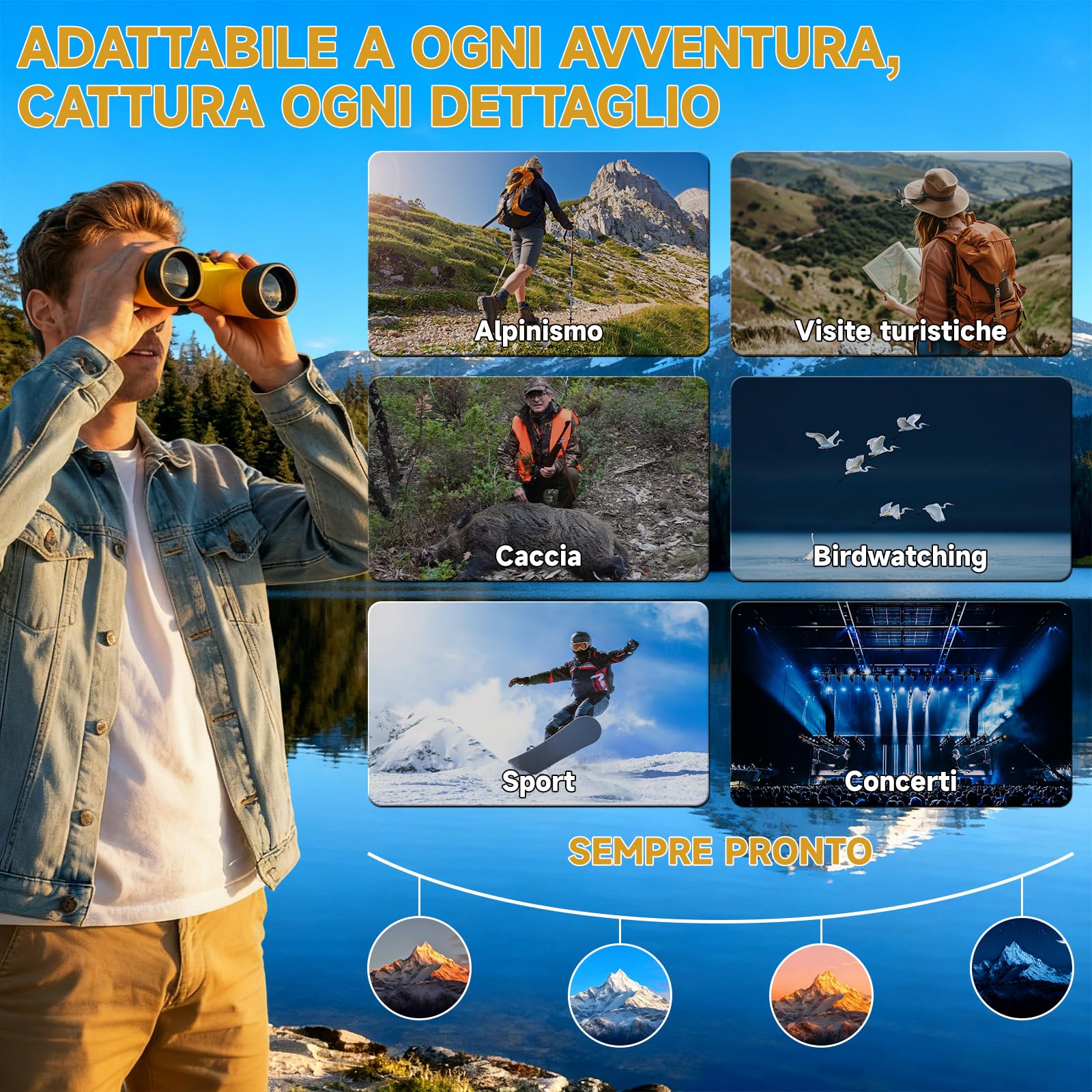 Binocolo 7x50 Professionale per Adulti, Binocolo Impermeabile e Galleggiante, con Prismi BAK4 e Lenti FMC, per Nautica, Caccia, Pesca e Sport, Colore Giallo