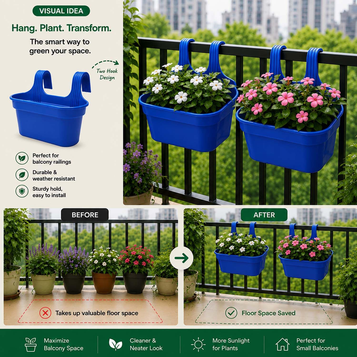 Go Hooked Railing Planters - 3 Hanging Flower Pots -4 Go Hooked Railing Planters - 3 Hanging Flower Pots -4