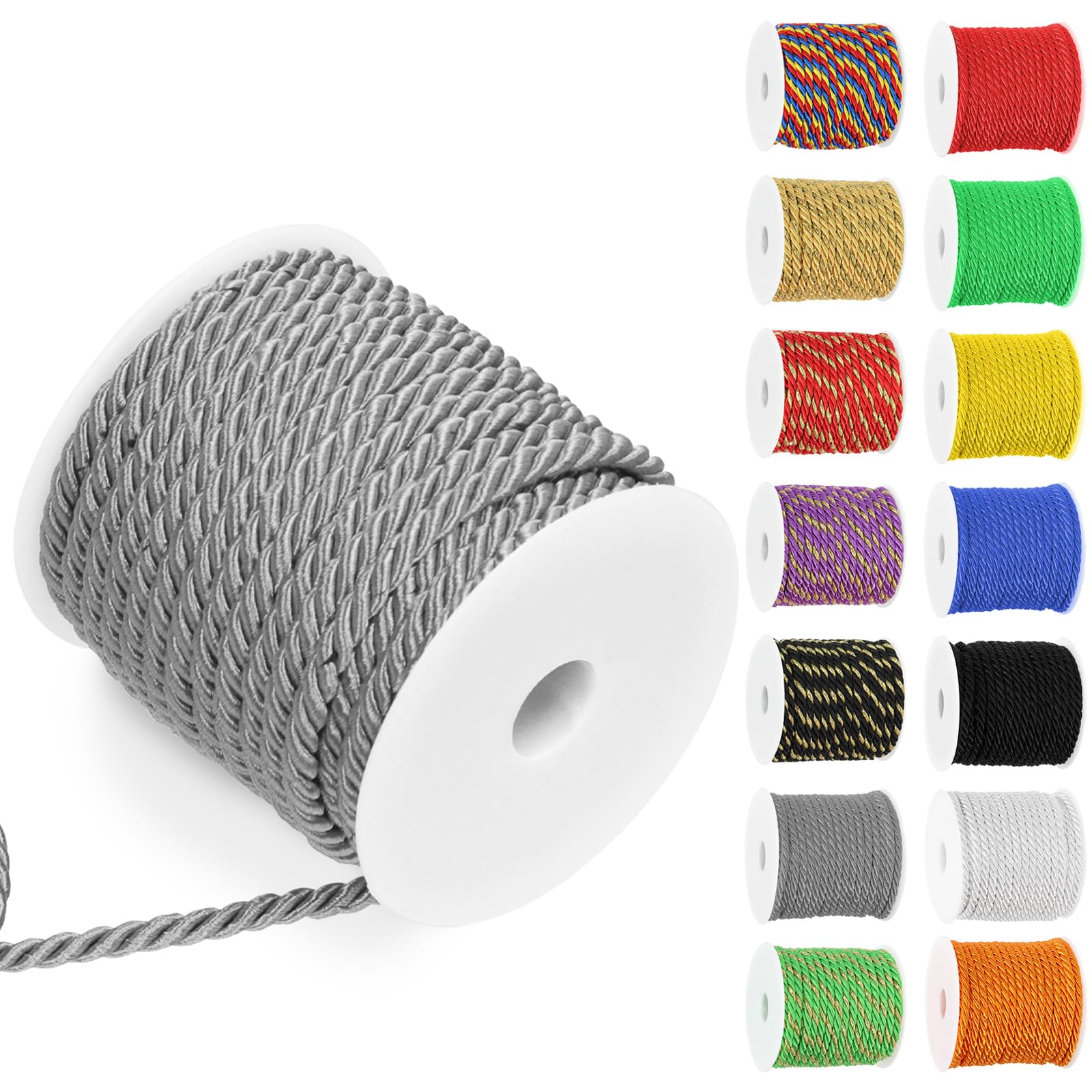 Swpeet 5mm 19 Yards Gray Twisted Cord 3-Ply Polyester Twisted Decorative Cord Shiny Viscose Cording Thread for Sewing & Crafting Home Decor Curtain Tieback