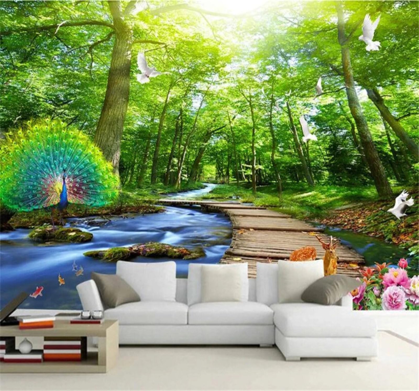 Xlming 400Cm×280Cm(B×H) Fresh Three Dimensional Green Forest Peacock 3D Wallpaper Luxury Home Dining Decor Paste Sofa Living Room The Wall For Bedroom Mural-400Cm×280Cm